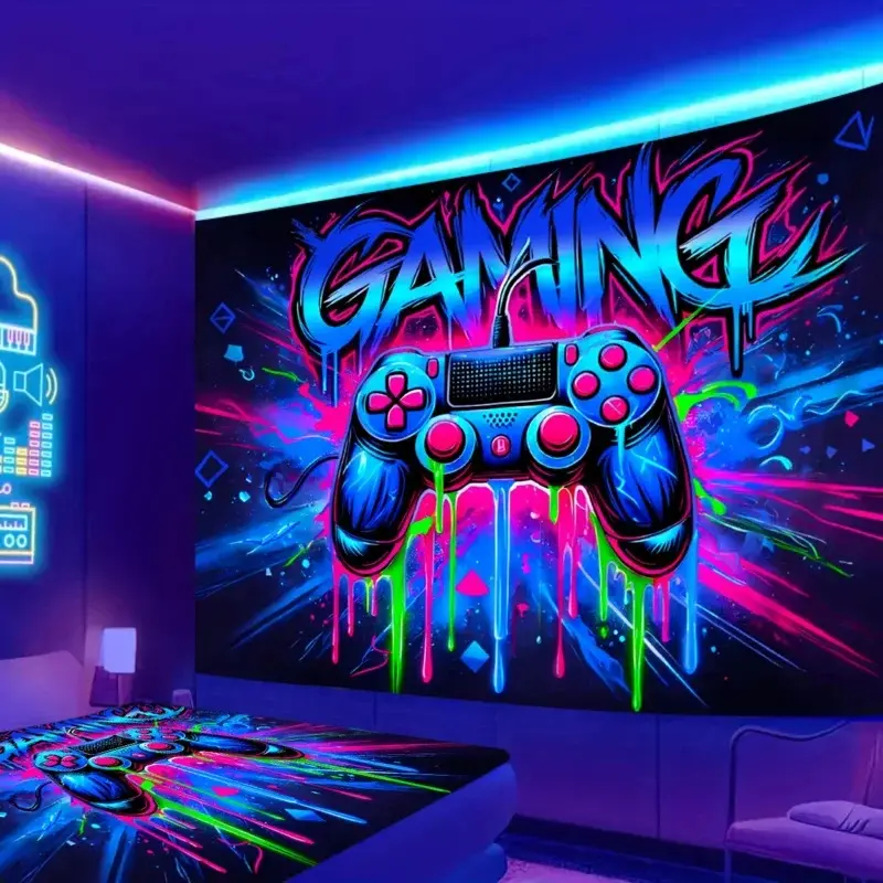 Neon Gaming Controller Tapestry Cyberpunk Gamer Design Perfect for Edgy Decor Bedroom Wall Styling and Photo BackDROPS