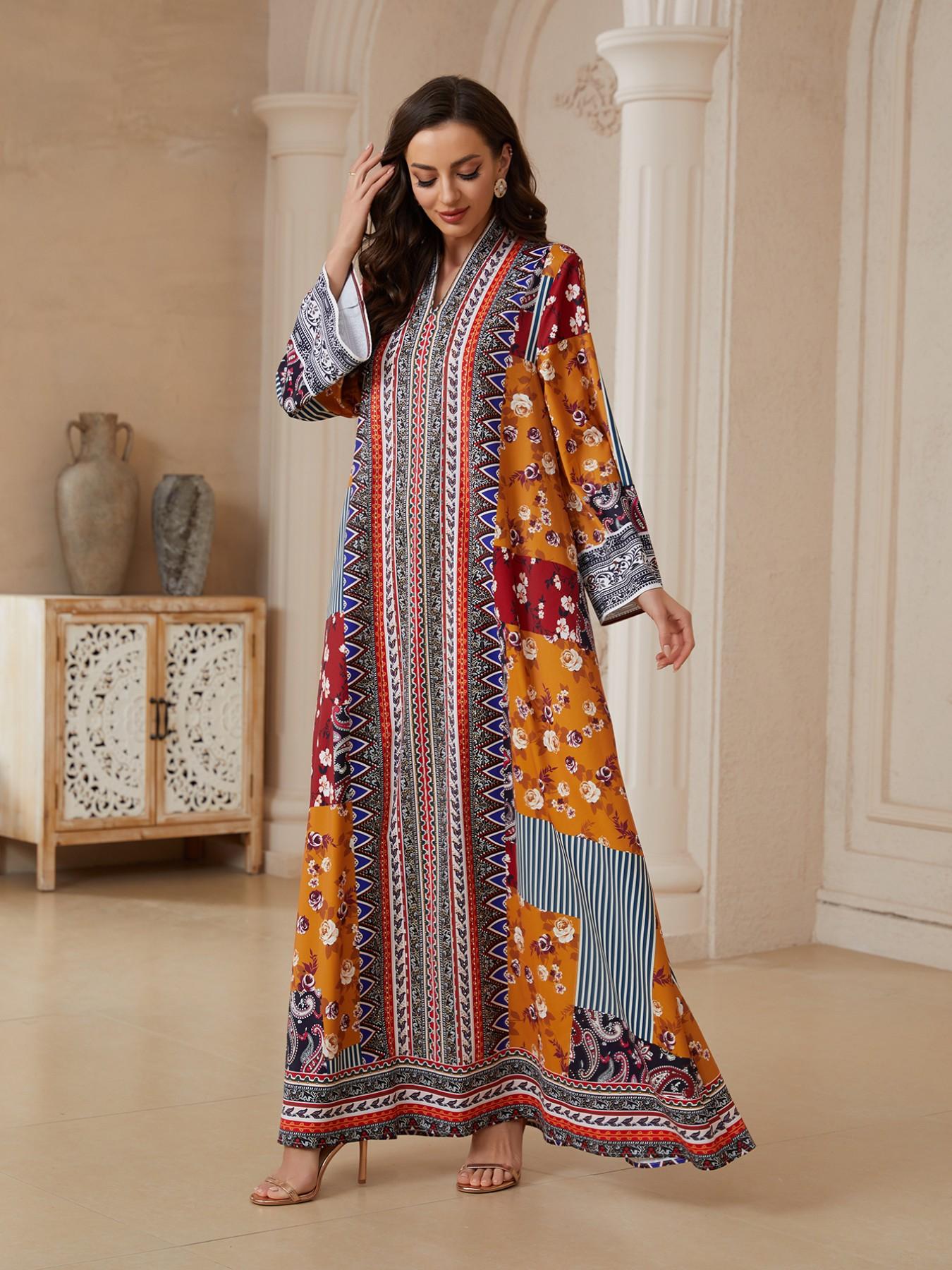 Middle Eastern Ramadan Eid Abaya, Colorblock Floral Cashmere Long Robe, Dubai Style Ethnic Koftan, Traditional Women's Dress