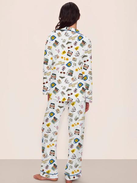 Women's Stars Hollow GG book Pajama Set, Long Sleeve Top & Elastic Waist Pants, Casual Fall Winter Sleepwear, Book and Coffee Cup, Loungewear