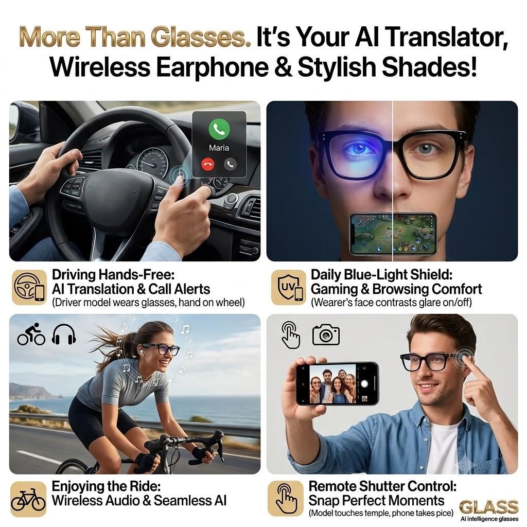 SENBONO Smart Glasses Wireless Audio Eyewear Multifunctional Audio Polarized BT Sunglasses with Microphone Speaker, UV Protection, Auto Pairing, Ai Translation, Voice Assistant, Smart Music Glasses Wearable