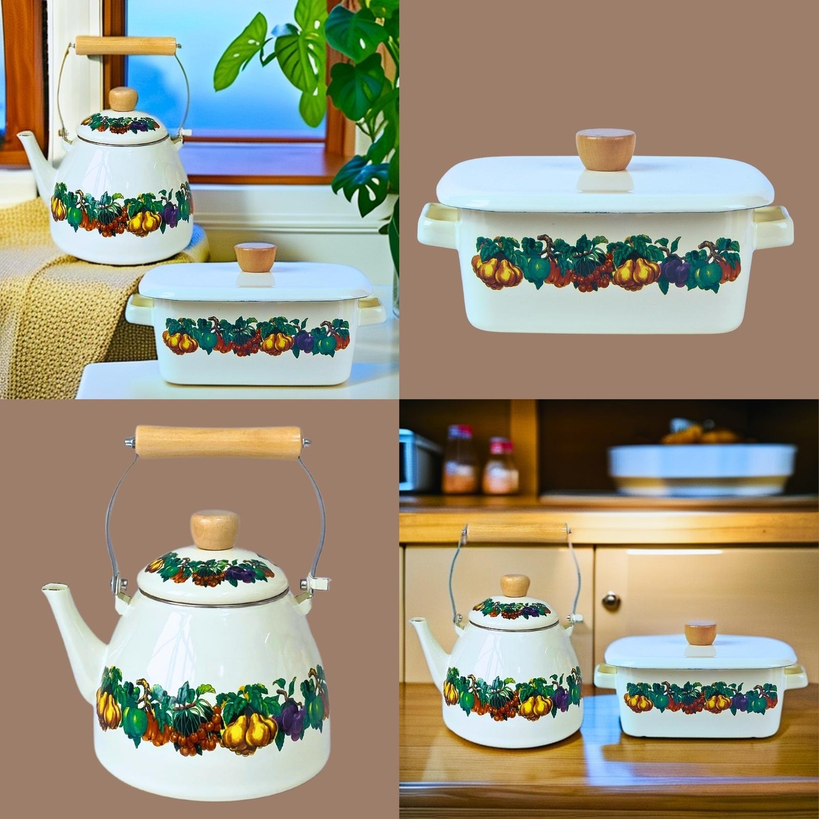 Fruit Pattern Enamel Kettle Set, 2 Counts/set Open Fire Heating Kettle & Dust Temperature Fresh Box, Drinkware for Home Kitchen