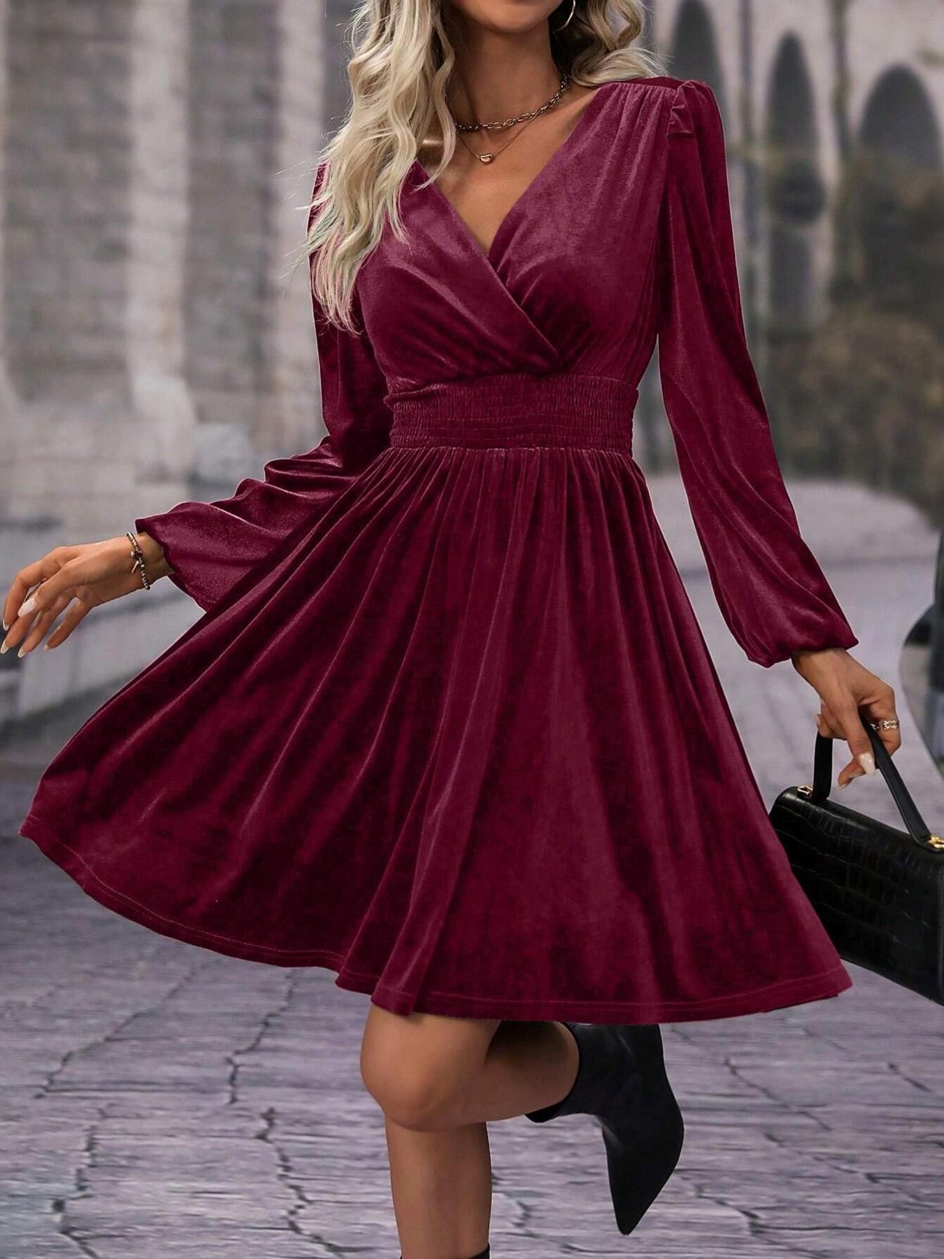 Velvet V Neck Long Sleeve Waist Cinching Solid Color Formal Party Dress, Spring Festival Perfect Choice, Fitted Versatile Elegant Short Skirt