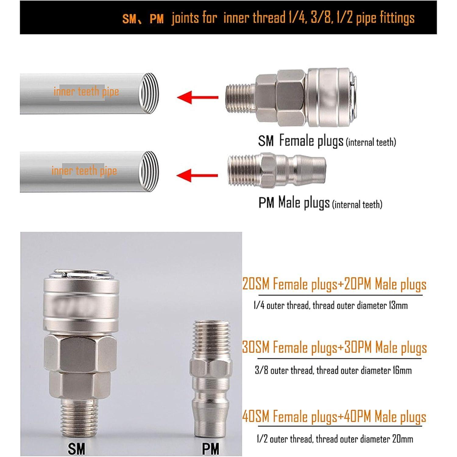 Air Coupler and Plug Kit, Industrial Type C Air Hose Fittings, Compressor Pneumatic Connector, SM20/30/40 + PM20/30/40 Quick-Connect Accessories Kit, Pack of 6