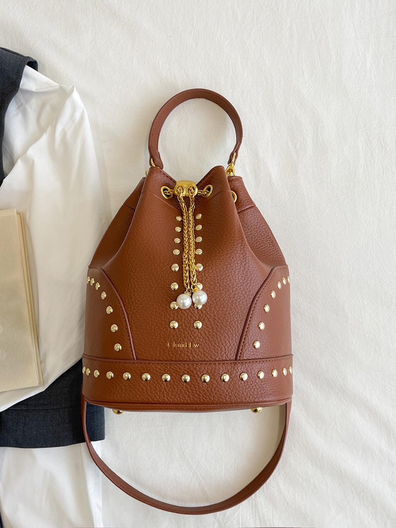 High-Quality Leopard Texture Rivet Drawstring Bucket Bag, Vintage Luxury Pearl Chain Shoulder Crossbody Bag, Women's Mini Storage Bag, Faux Leather Crossbody, Stylish Chain Bag