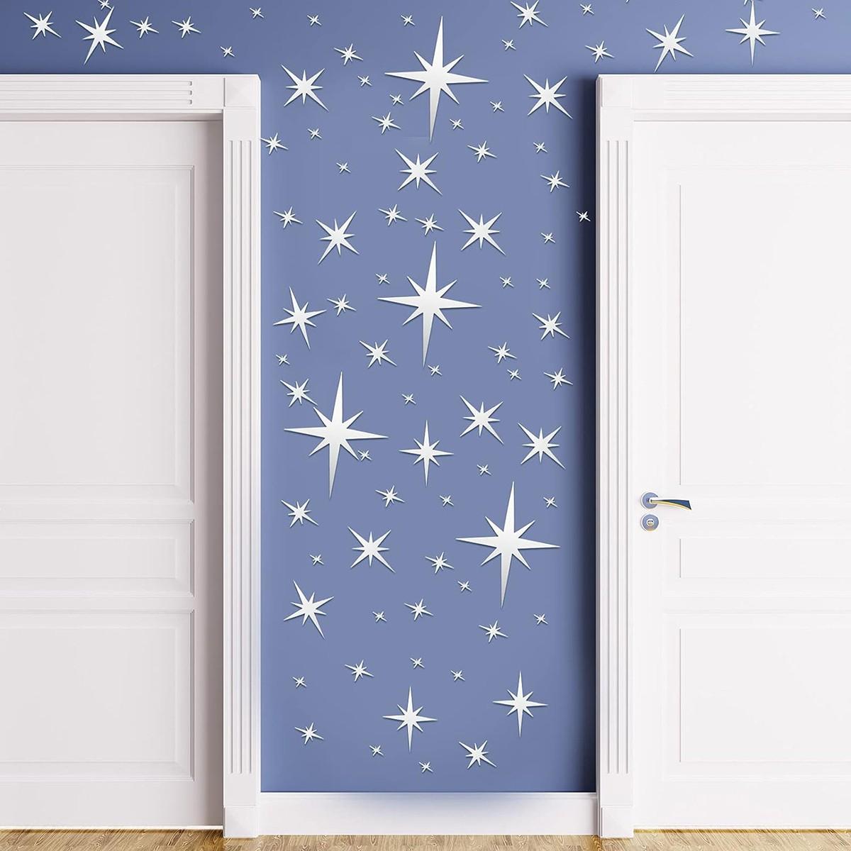 82 Piece 3D Acrylic Star Mirror Wall Stickers, Detachable Self-Adhesive Decorative Decals, Ceiling Bedroom Living Room Girl's Room, /silver Color