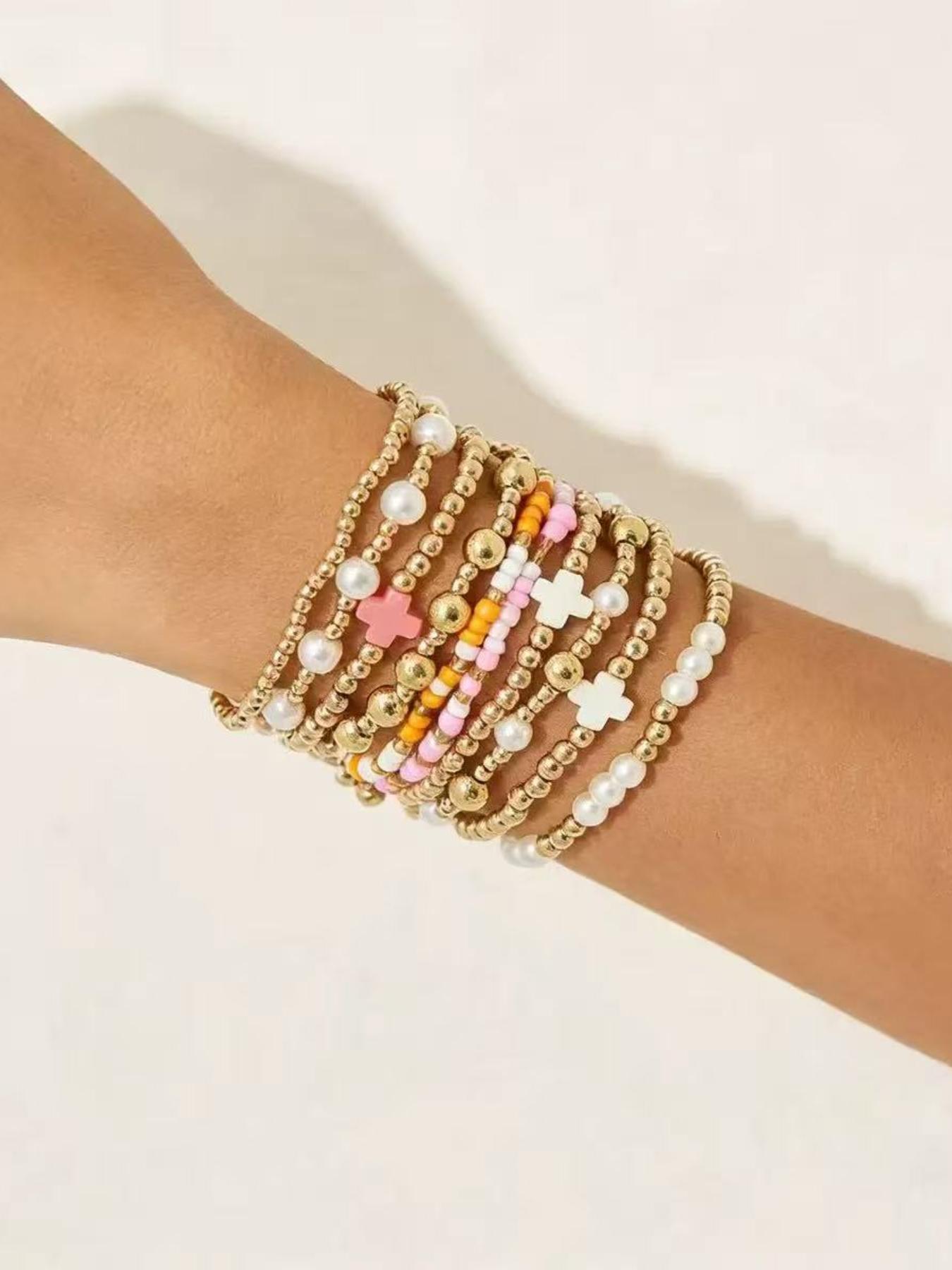 Boho Stackable Beaded Bracelets for Women, Gold Pearl Elastic Bracelet Set, Summer Beach Bohemian Jewelry, Colorful Cross Charm Wrist Bracelets, Daily Wear Gift for Her