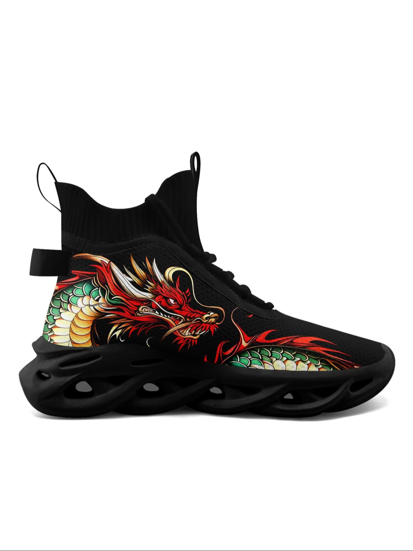 Men's Dragon Print Lace Up High Top Sneakers, Casual Sporty Breathable Comfortable Blade Soles Running Shoes, Male  Round Toe Sports Shoes for Daily Wear