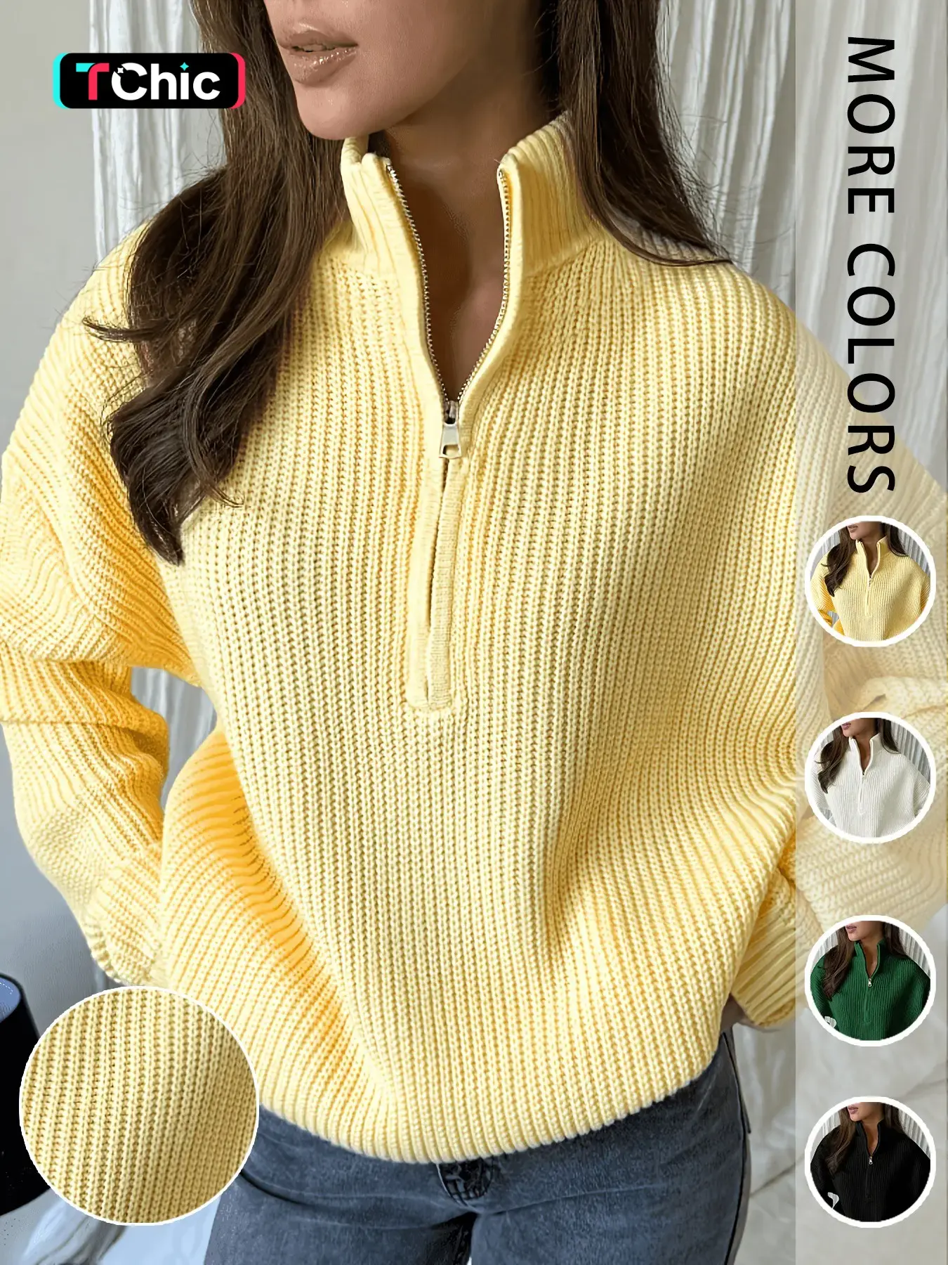Women's Cream Half-Zip Stand Collar Sweater, Loose Knit Long Sleeve Top, Fall Winter Casual Pullover, Comfortable and Stylish