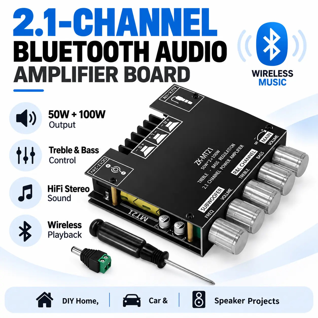 2.1-Channel Bluetooth Audio Amplifier Board with 50W+100W High-Power Output, HiFi Stereo Sound, Treble & Bass Control and Wireless Playback for DIY Home, Car & Speaker Projects