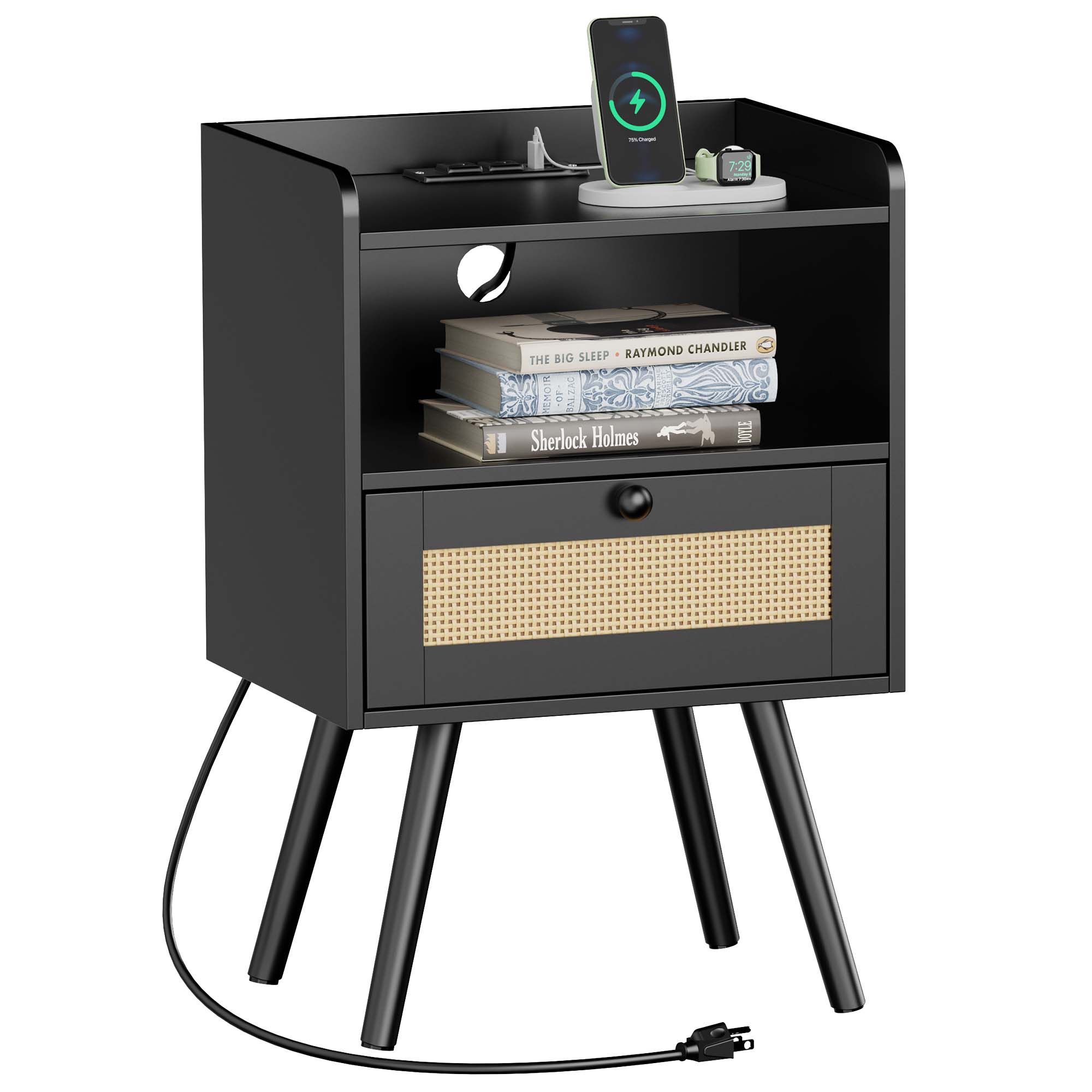 SUPERJARE Nightstands Set of 2, Night Stands with Charging Station & PE Rattan Decor Drawer, Bed Side Tables with Solid Wood Feet, End Table, for Bedroom, Living Room