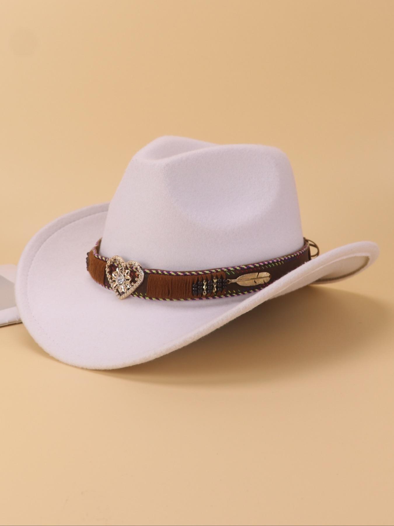 1PCS Unisex Rhinestone Heart Decorative Western Cowboy Hat, Vintage Polyester Style, Perfect for Western Theme Parties, Casual Wear, Daily Use