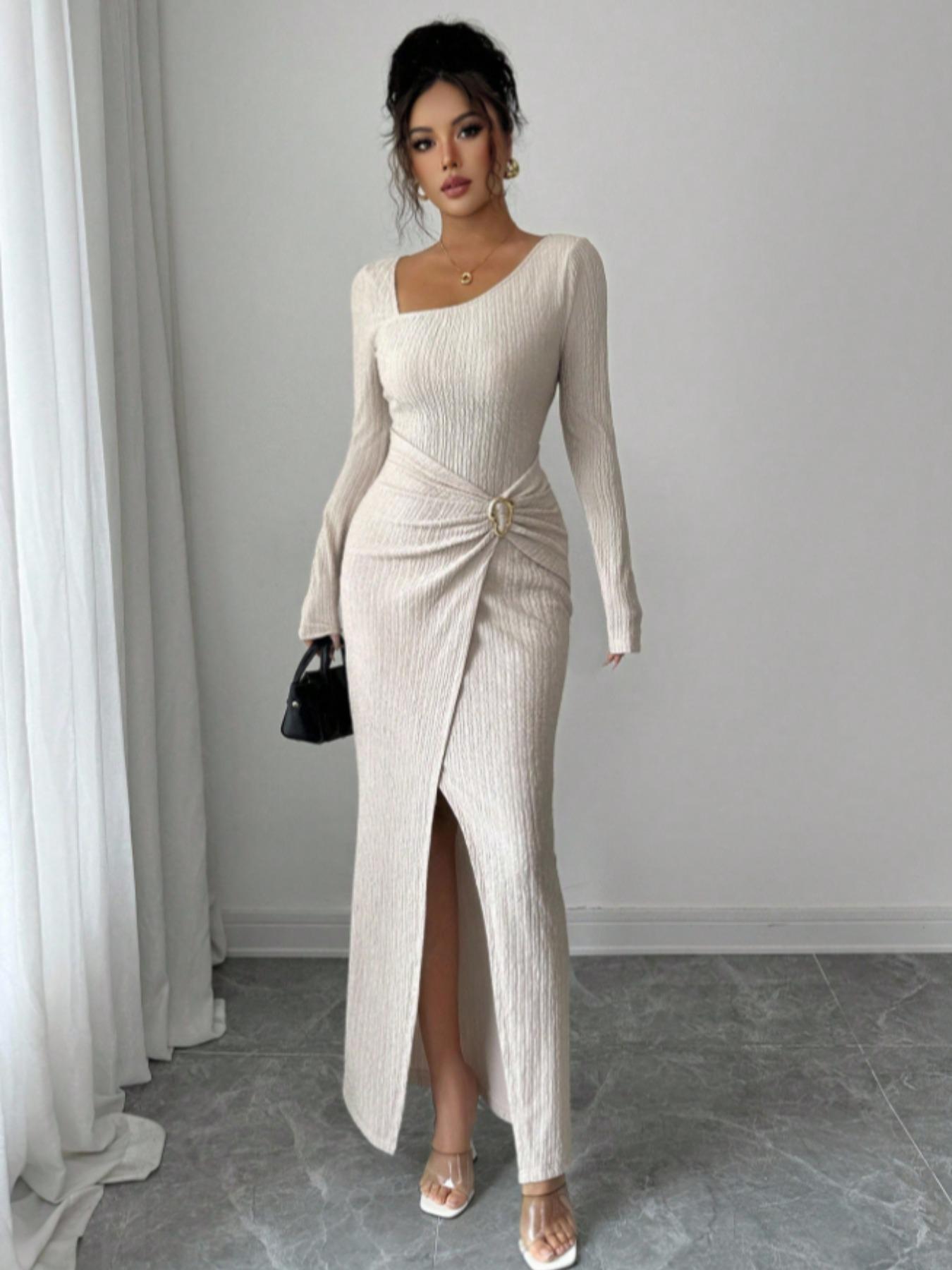 Women's Plain Fashion Twisted Long Dress, Asymmetrical Neck Knit Texture Tight Fit, Elegant Fall Winter Clothing, Twist Split Design