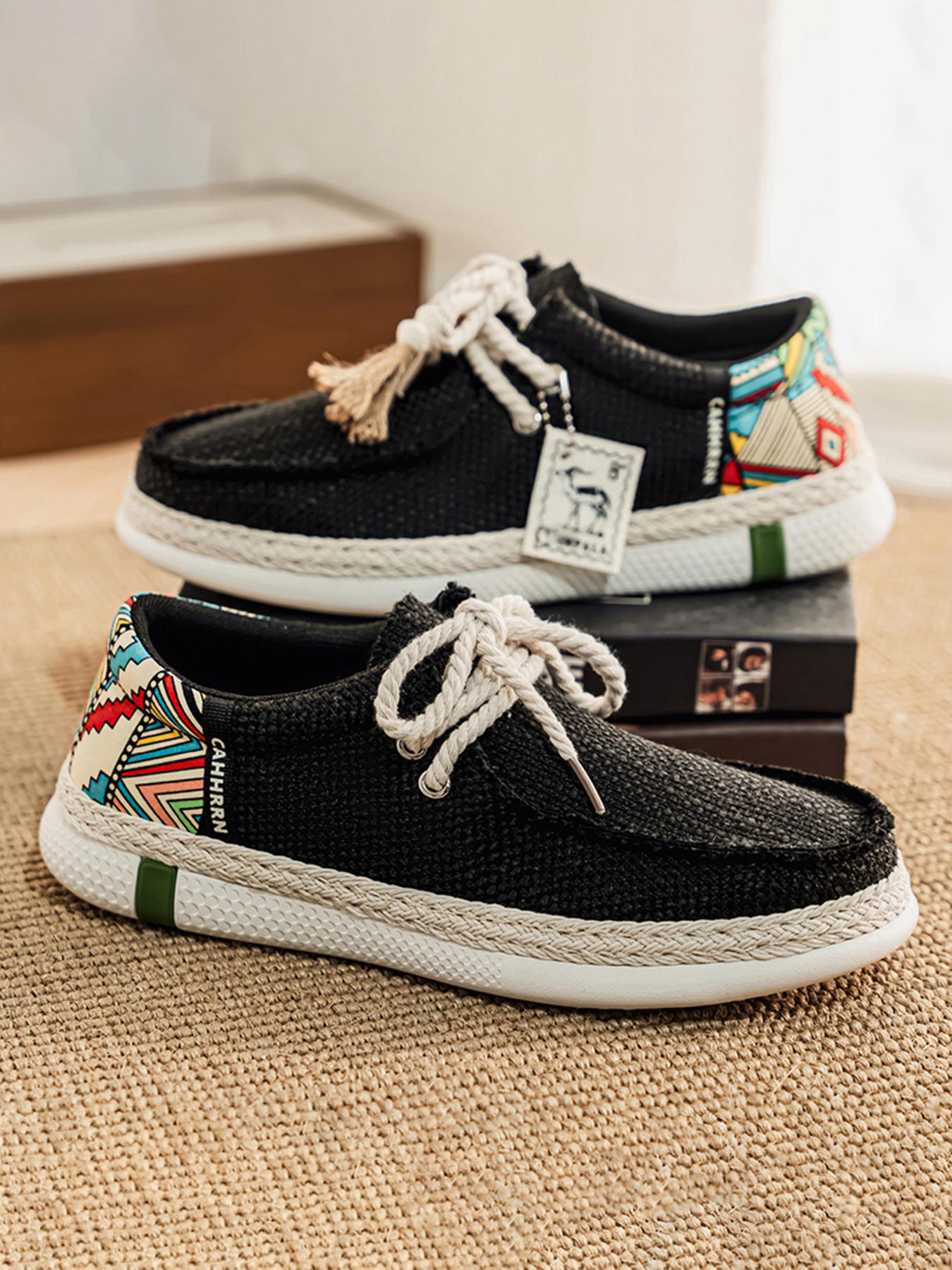 Summer New Men's Linen Shoes, Breathable Non-Stuffy, Colorblock Geometric Pattern, Fringe Decor, Retro Ethnic Style, Comfortable Thick Sole