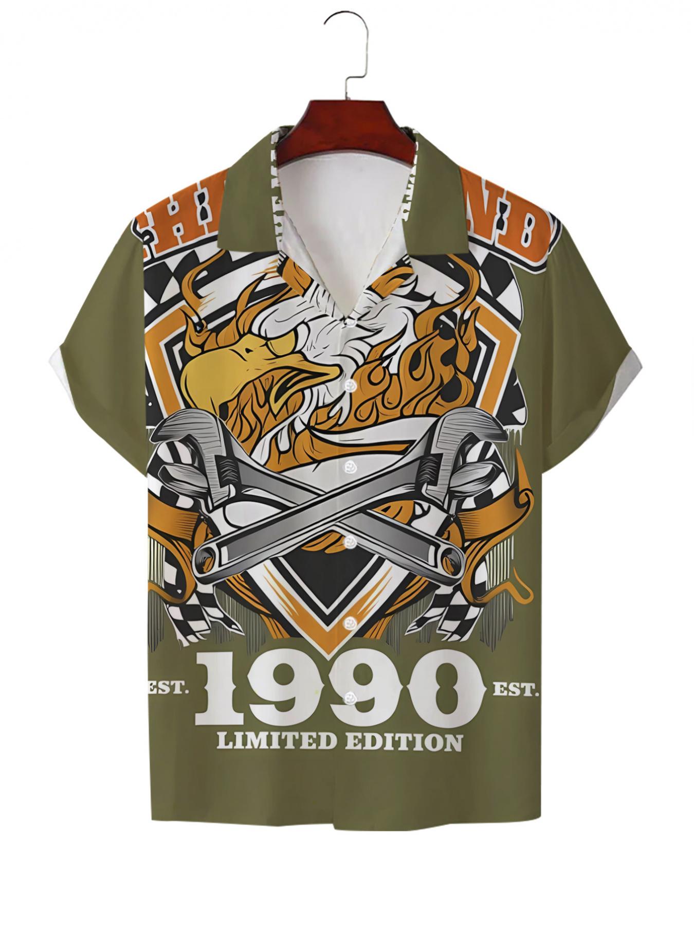 Men's Hawaiian Shirt - Flat Digital Print Pattern - No Texture - Eagle and Tools 1990 Limited Edition, stylish and simple short sleeves, button-up, casual collared shirt, fashionable and versatile, suitable for dates, beach vacations, a perfect gift for m