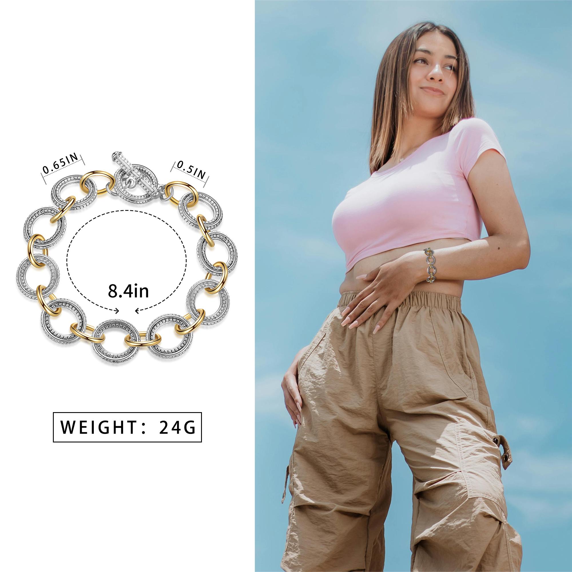 Aprilery Two-Tone Textured Chain Jewelry Set – Classic Link Necklace and Bracelet for Women