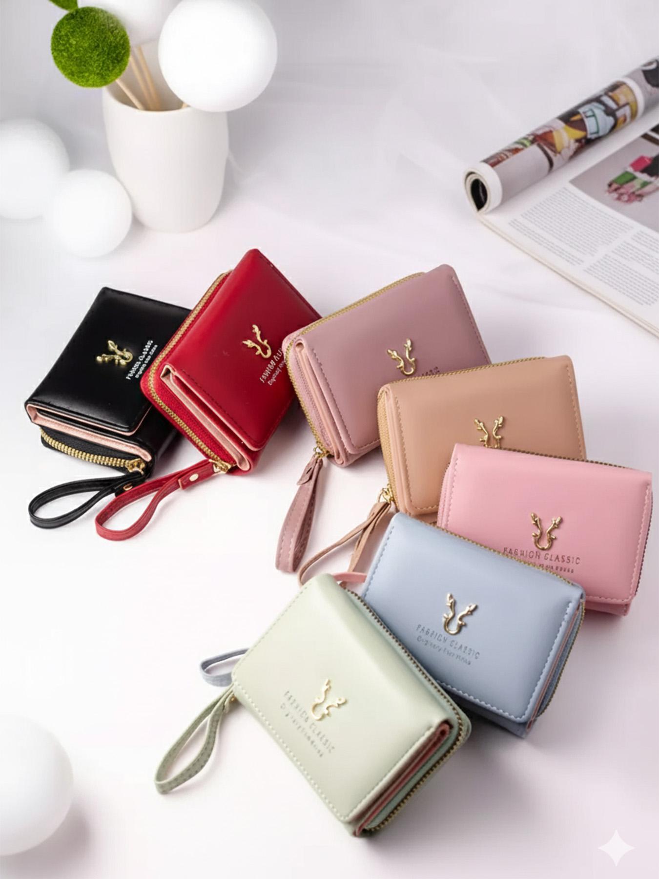 Women's Short Antler Wallet, Mini Zipper Coin Purse, Trifold Buckle Card Holder, Valentine's Day Gift, Birthday Present