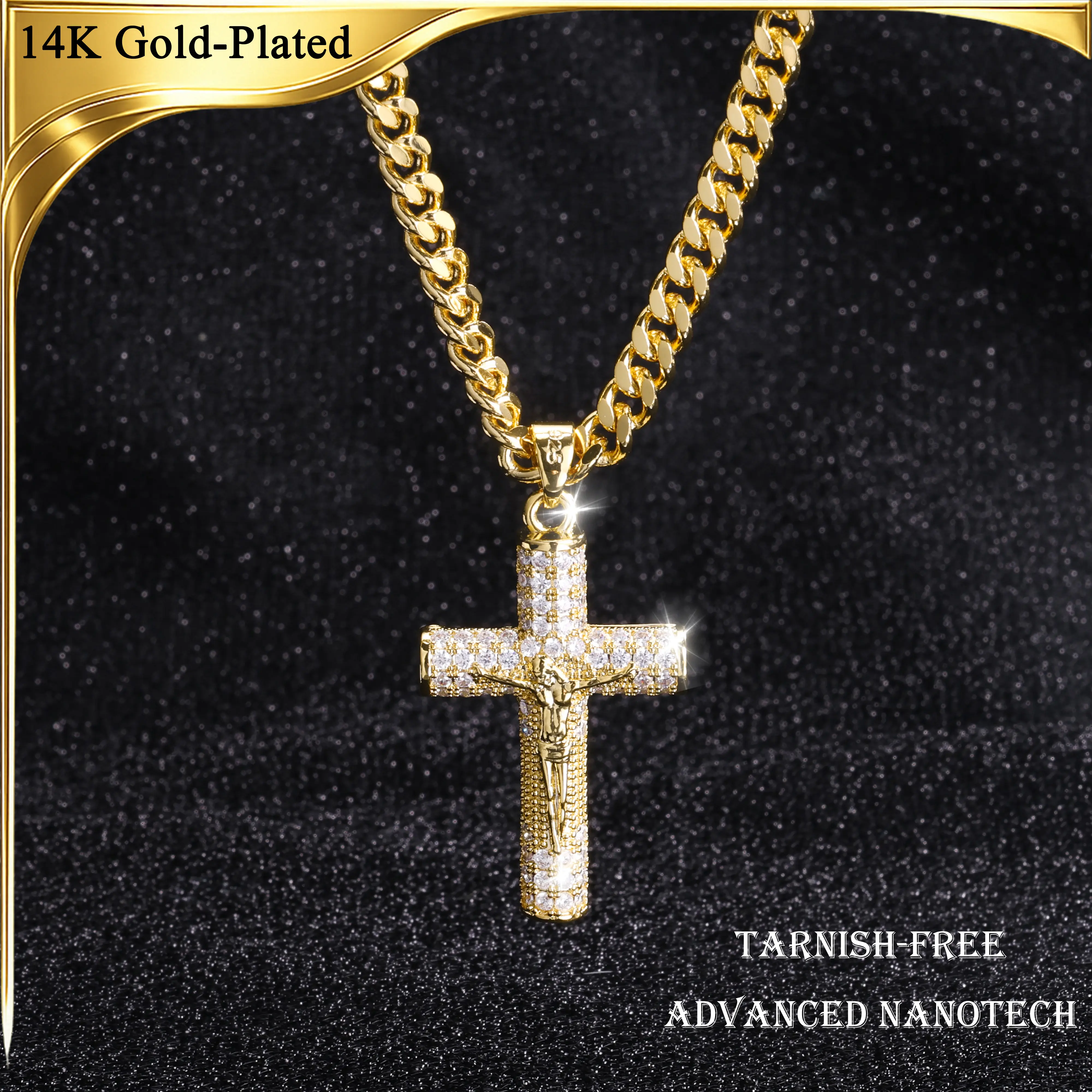 ARTPAGE 14 Real Gold-Plated Cross Crucifix Necklace - Cuban-Figaro Miami Chain, 22in Long 5mm Wide, Handcrafted Polished Multiple Electroplating, Men's Accessories Daily Wear Father's Day Gift