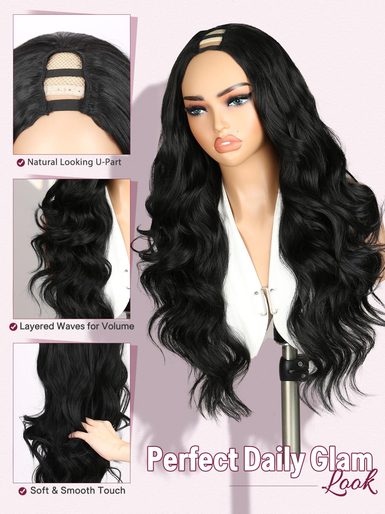 U Part Body Wave Synthetic Half Long Wavy Hair Wigs for Women, 26 Inch Glueless Wig, Heat-Resistant, Clip In, Natural, Daily Party Use