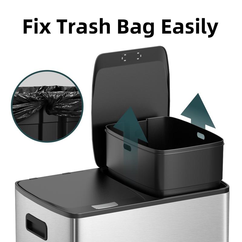 KSSKSS 2x8 Gallon Kitchen Dual Trash Can - 16 Gallon (60L) Stainless Steel Multi-Compartment Garbage Recycle Bins, Step Pedal, Plastic Inner Buckets, soft-close lid , Silver, Includes 40 Trash Bags, for business home office