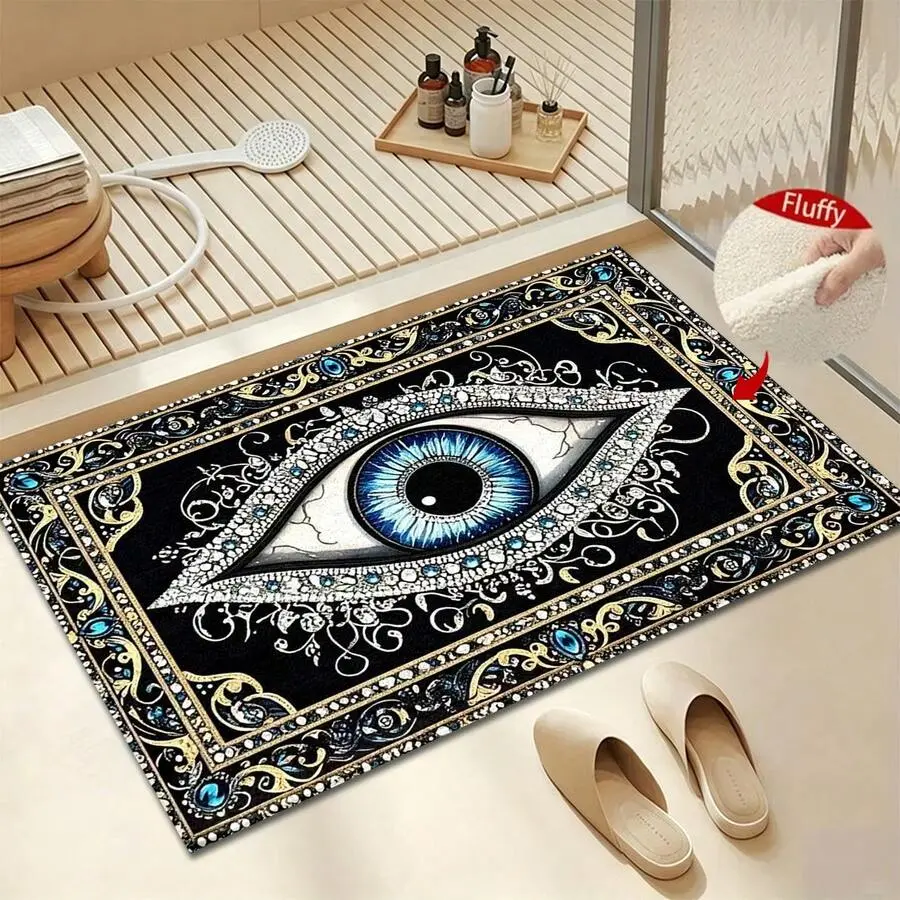 Door mat 1pc Microfiber Bath Rug - 2D Flat Evil Eye Pattern, 2cm Low Pile Knit Fabric, TPR Backing, Non-Slip, Water-Absorbent, Machine Washable - for Entryways/Kitchens, Indoors/Outdoors - Home Decor Accessory, New Home Gift