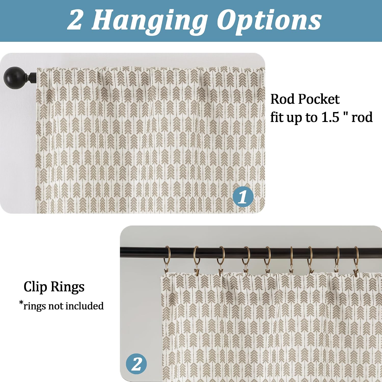 Valances for Windows - Light Filtering Faux Linen Small Valance Kitchen Curtains, Boho Rod Pocket Short Cafe Curtains for Bathroom Basement, 52Wx14L, 2PCS, Taupe