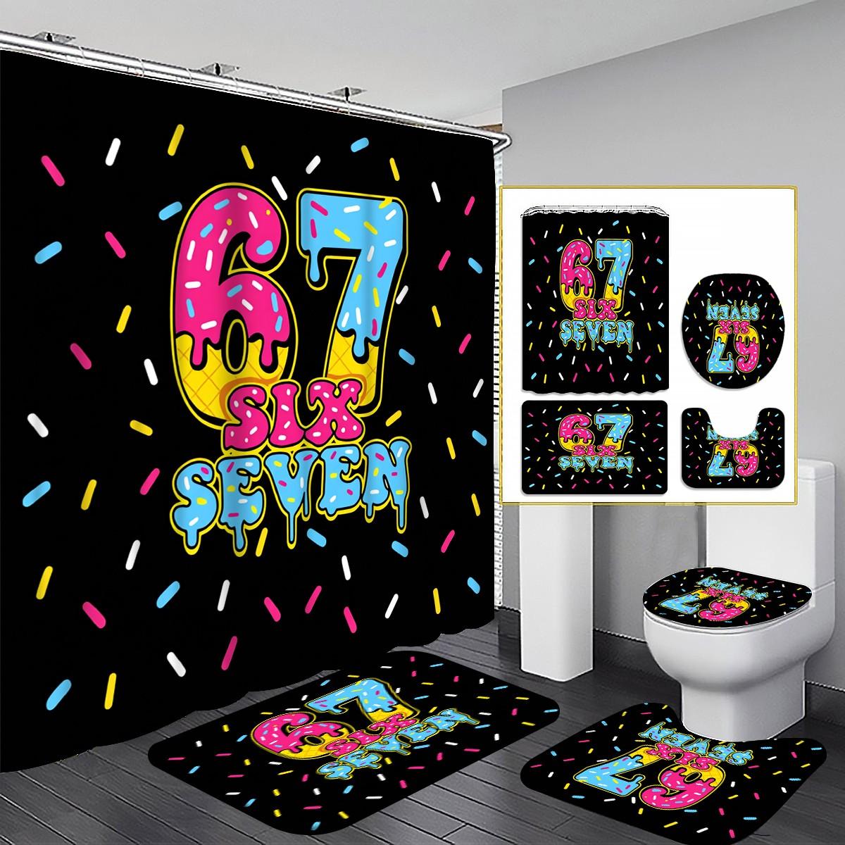 1/4PCS Six Seven Shower Curtain set, Graffiti Art Bathroom Decor, Bathroom Decoration Accessories, Accessories with Bath Mat, U-shaped Mat, Toilet Lid Cover, 12 Hooks 180x180cm Curtain, Urban Style, Home Decor, Urban Theme, bathroom accessories.