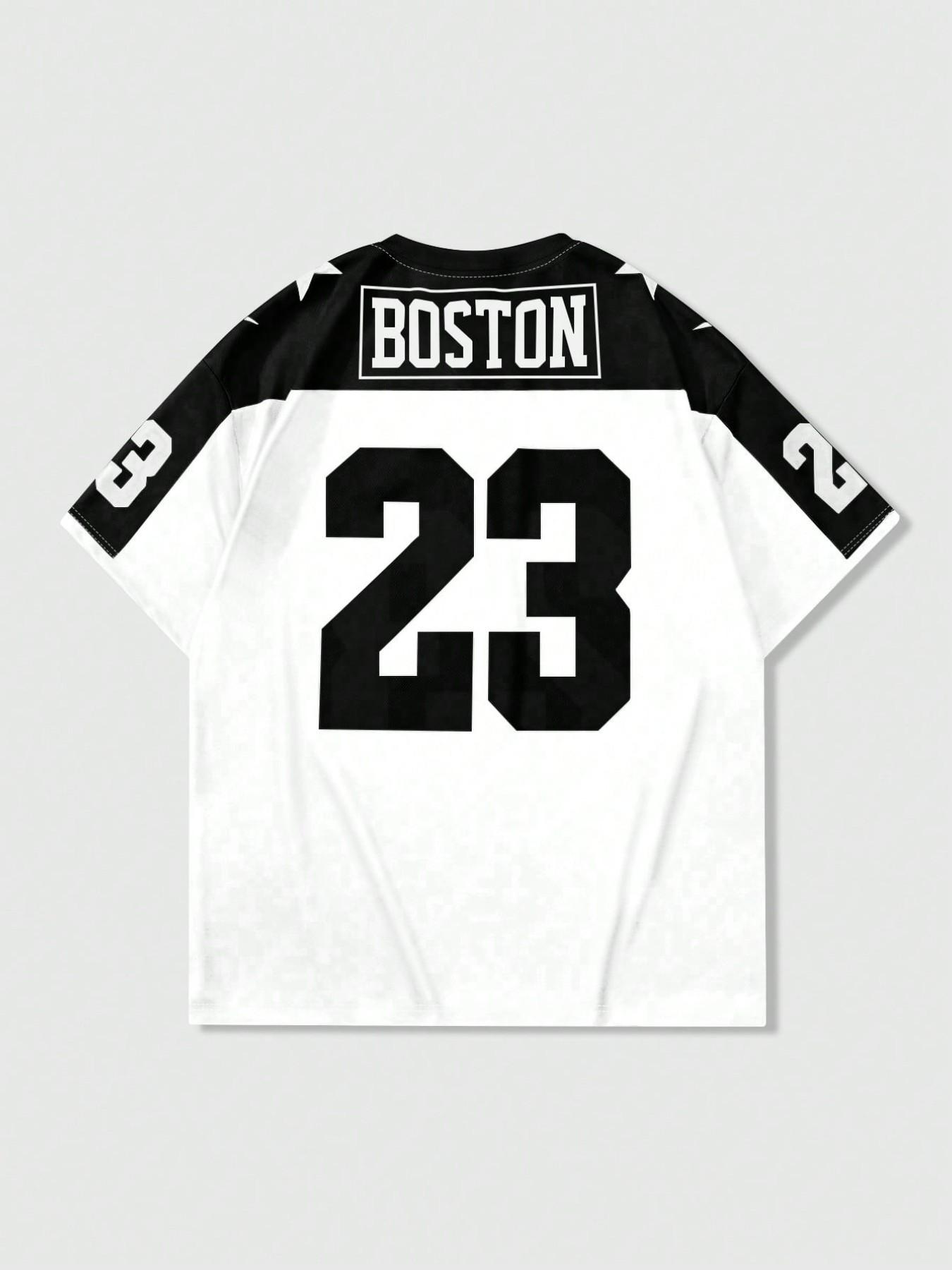 1pc Men's Oversized V-Neck Football Jersey Retro Star Graphic Print Streetwear Black & White Number 23 Sporty Top for Summer Outfits