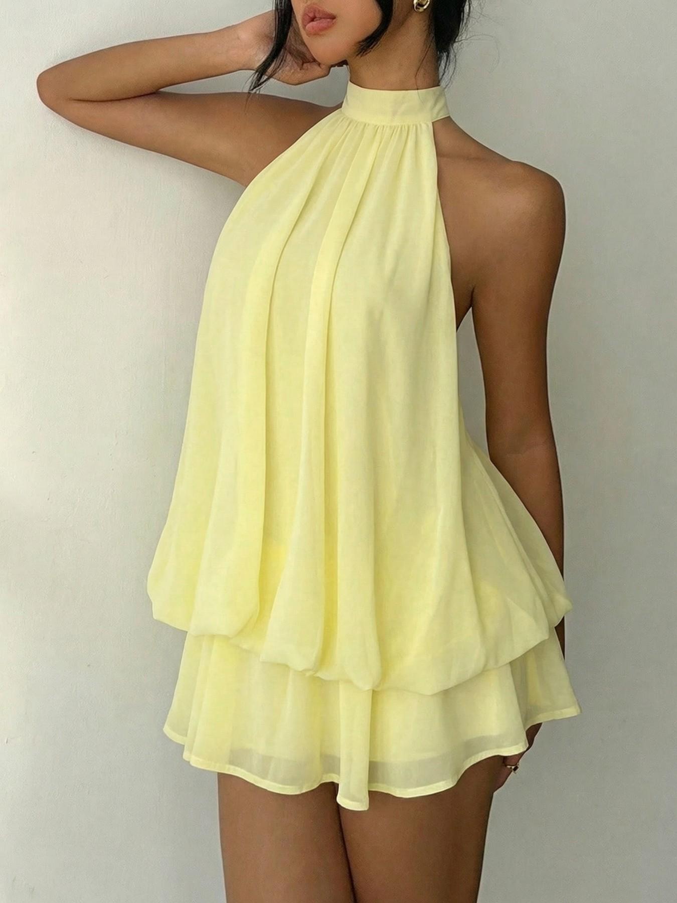 Women's Summer Fashion Party Halter Neck Tie Back Mini Dress, Slim-Fitting Casual Elegant Short Sleeveless Dress for Home Outdoor City Style