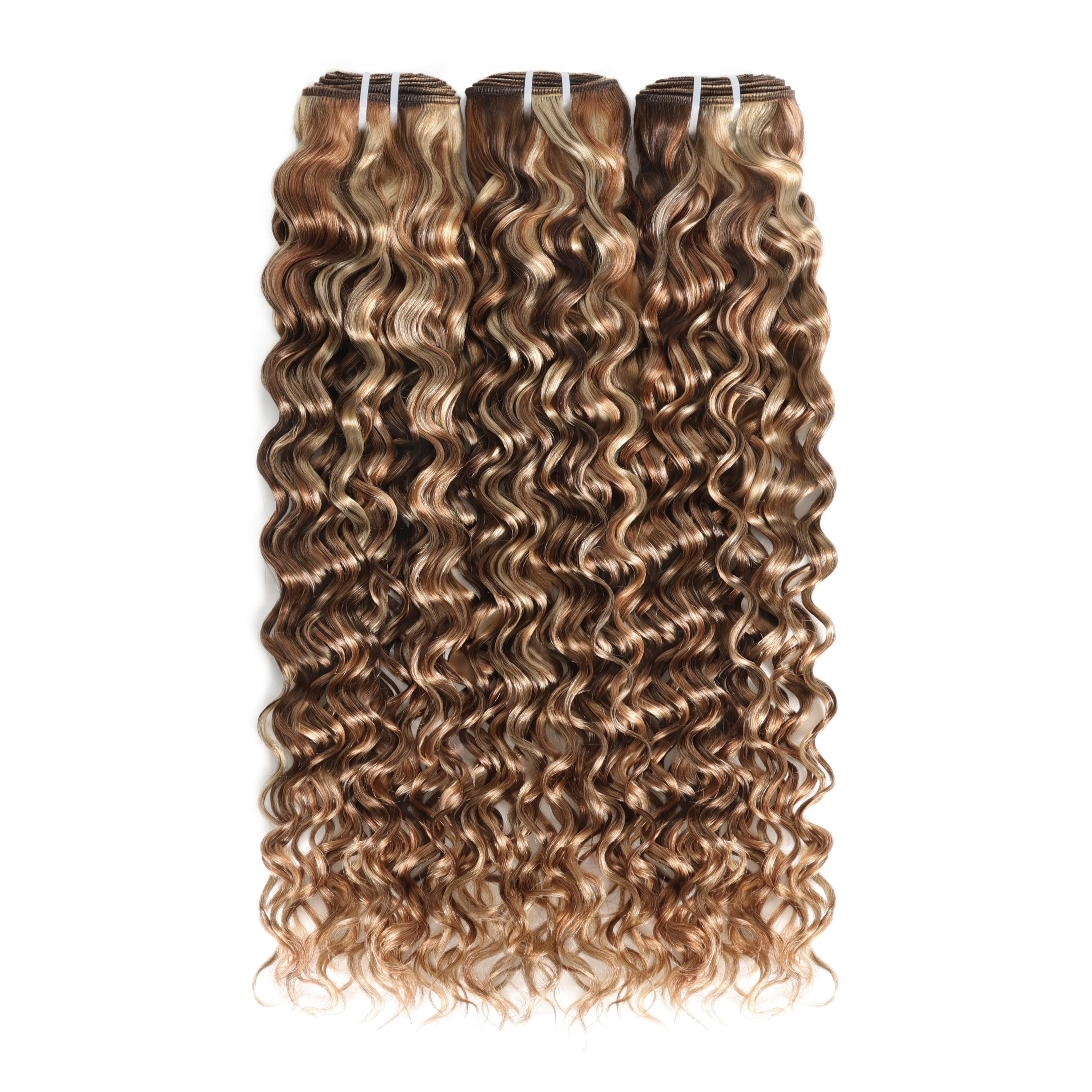 4/27/613 Water Wave Bundles Human Hair Highlight Ombre Brown Honey Blonde 613 Bundles Hair Weave Bundles for Sew In and Quick Wave Human Hair Extensions 100% Human Hair Extensions Colored Human Hair Bundles