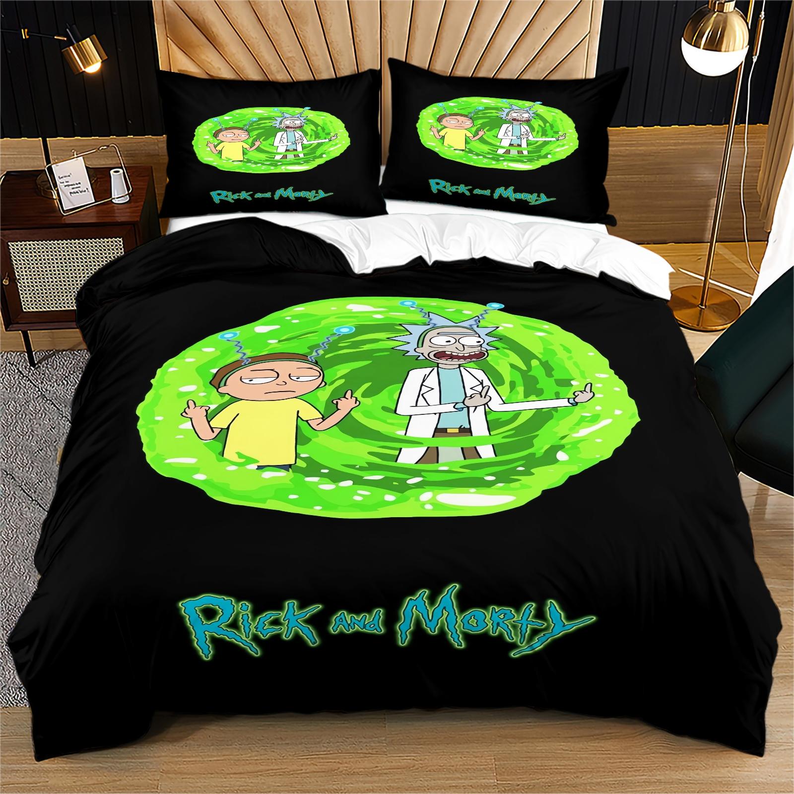 Rick and Morty Pattern Printed Soft Durable Bedding Set, Bed Sheets Set, Includes 1 Fitted Sheet and 1 or 2 Pillowcases, Excluding The Core And Pillow Core, Modern Style Bedroom Decor, Bed Sheet Sets