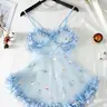 Women's Sexy Cute Homecoming Sleepwear Dress, Loungewear, Backless V-Neck Design, Floral Embroidery Ruffle Hem, Adjustable Spaghetti Straps, Semi-Sheer High Stretch Material