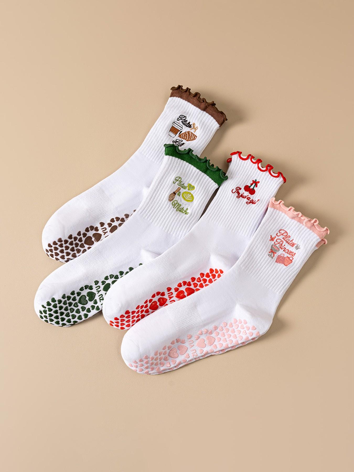 Women's Sports Socks, Cute Cartoon Embroidered Lace-Up Design, Professional Anti-Slip Silicone Yoga Socks, Indoor Dance Floor Socks