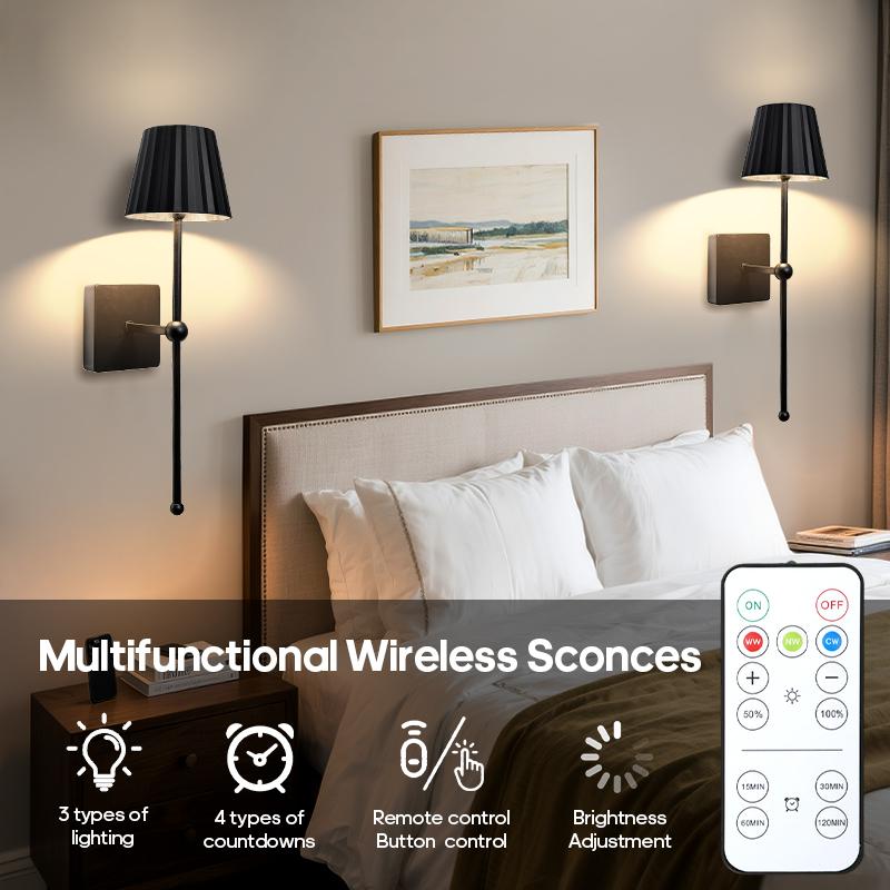 Two-Piece Black Wall Lamp with Remote, Simple Design, USB Rechargeable, Touch Control, Three-Color & Stepless Dimming, Timer function, Suitable for Living Room, Bedroom, Restaurant, Night Light, Lighting Modes Adjustable, Adjustable Lights