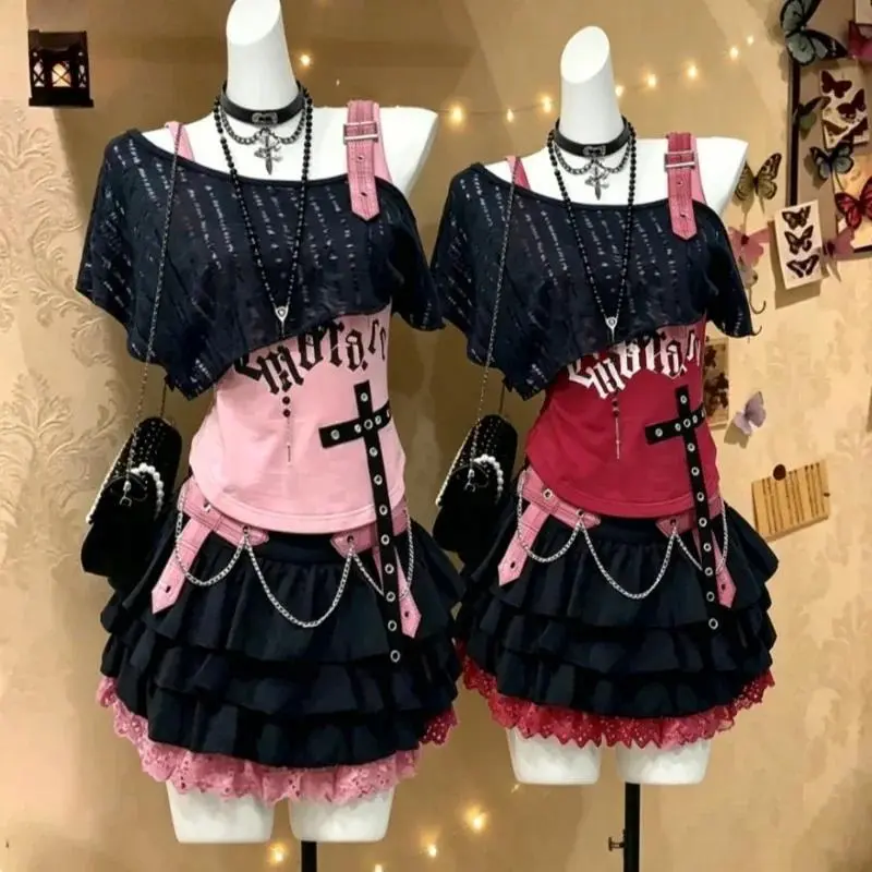 Y2K Punk Harajuku Sweet Lolita Black Pink Off Shoulder Ruffle Lace Cross Tiered Mini Skirt 3 Piece Suits Women Girls Cosplay