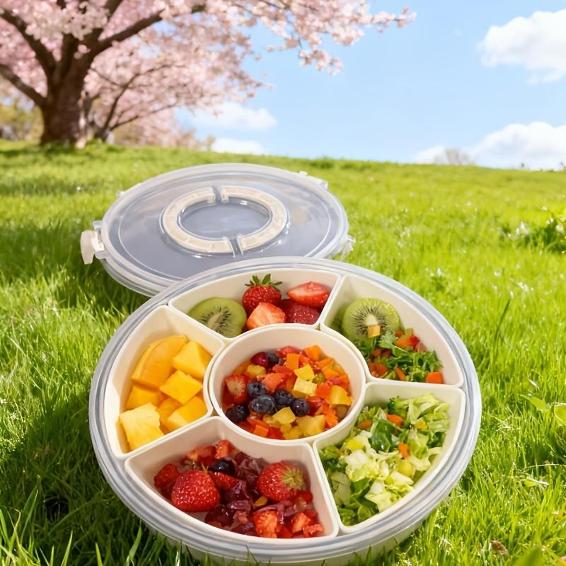 1PC - Divided Dinner Plate - with Lid and Handle / Fruit Plate / Suitable for Snacks - Portable Rotating Vegetable Plate - Suitable for Kitchen Parties Travel Picnics - Stackable Snack Box Container / Round Plastic Rotating Snack Tray with Lid