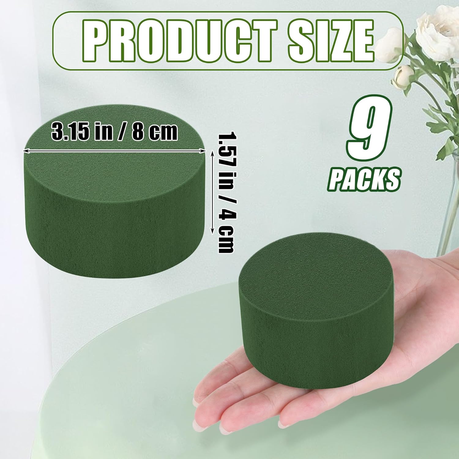 9 Packs Round Floral  Blocks Green Wet Dry Flower  Bricks 3.15 Inch DIY Flower Arrangement Supplies Kit Florist Block for Aisle  Wedding Party Decorations