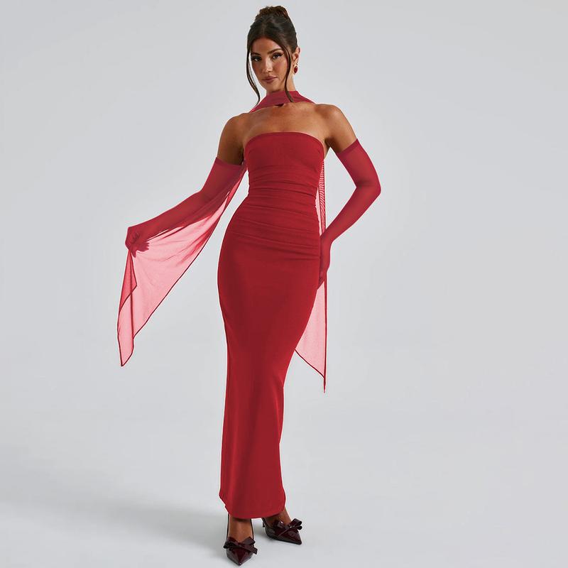 Strapless Mesh Neck Tie Long Sleeve Bodycon Maxi Dress for Women's Summer Sexy Evening Party Club Dating Gown Beach Vacation Dresses Outfits Strapless Mesh Neck Tie Long Sleeve Bodycon Maxi Dress for Women's Summer Sexy Evening Party Club Dating Gown Beach Vacation Dresses Outfits