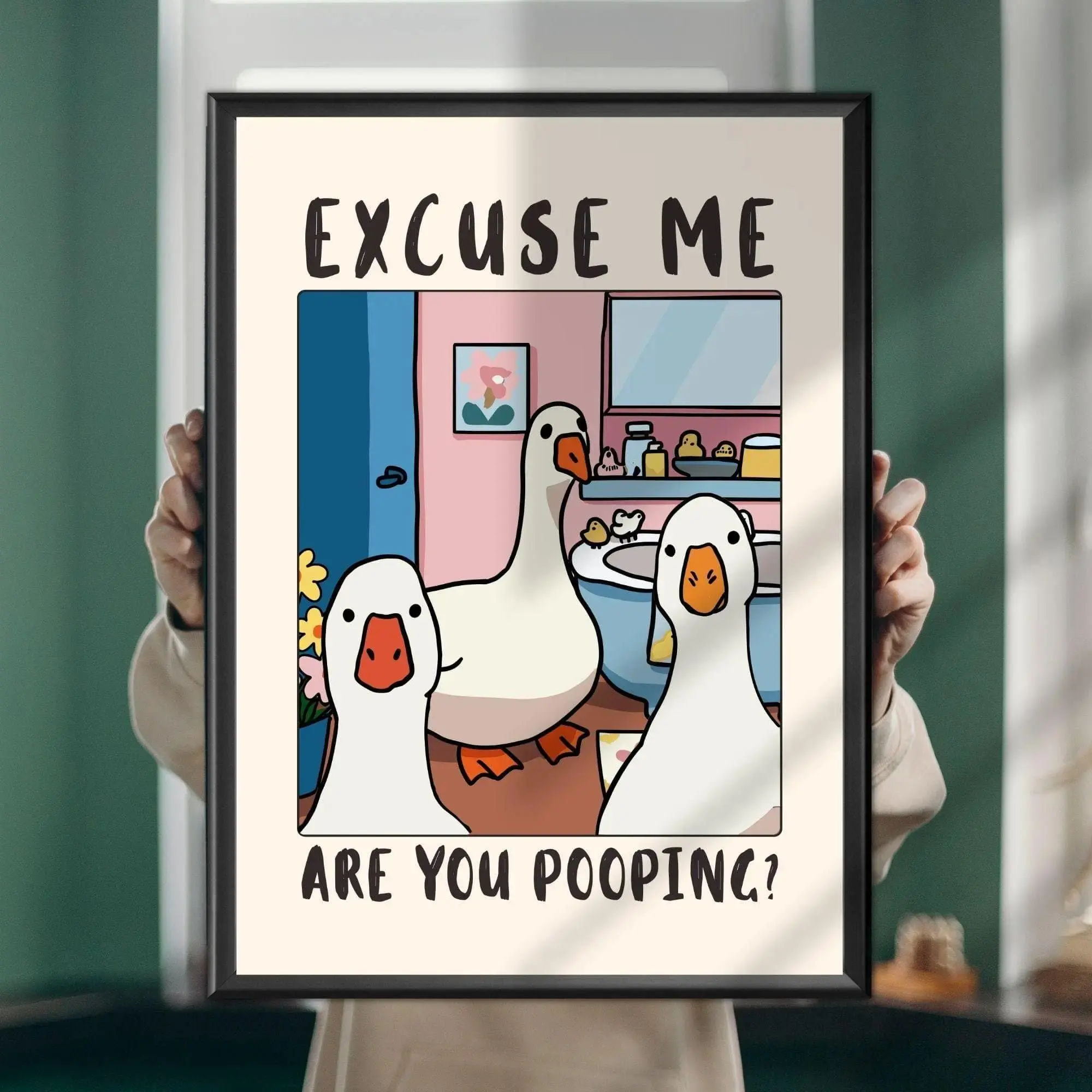 2D Flat 1pc Unframed Canvas Poster,Funny Goose Poster: Excuse Me Are You Pooping?,Poster Print, Artwork Wall Painting for Gift, Bedroom, Office, Living Room, Wall Decor, Home Decoration, Gift for Valentine's Day