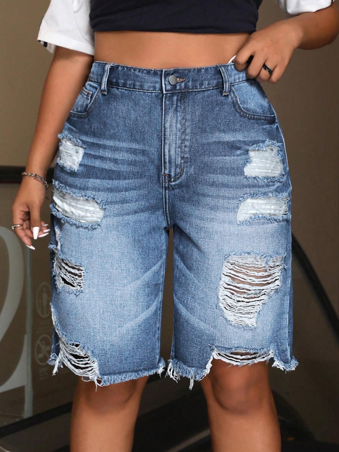 Women's Plus Size Denim Shorts Spring Summer New Breathable Comfort Ripped Design Casual Match Women's Mid-Thigh Pants Women's Plus Size Denim Shorts Spring Summer New Breathable Comfort Ripped Design Casual Match Women's Mid-Thigh Pants