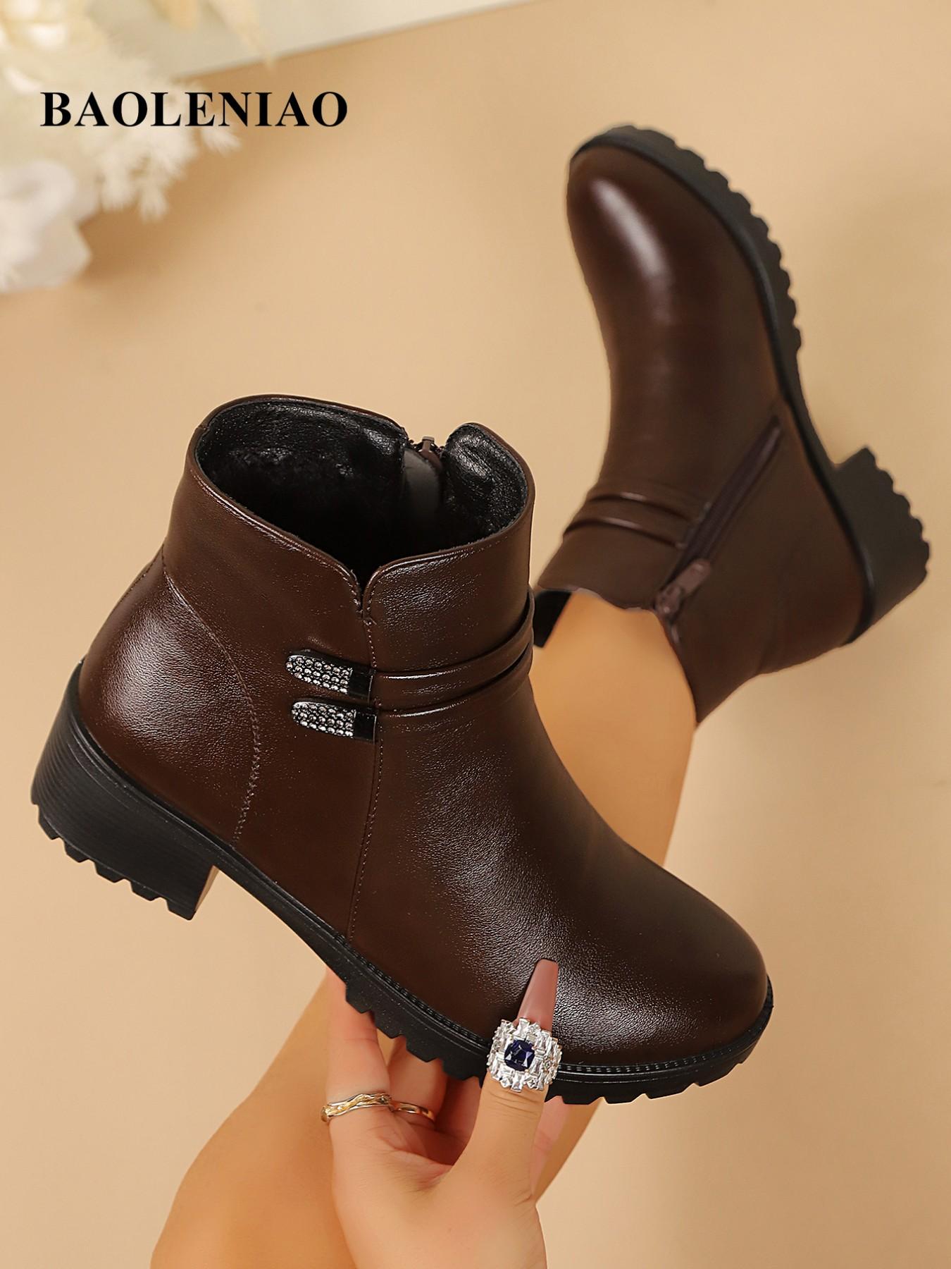 Women's Winter Short Ankle Boots, Fashionable Boots, Rhinestone Decor Side Zipper, Boots With Zipper, Anti-Slip Chunky Heel Leather Warm Chelsea Boots, Daily Wear