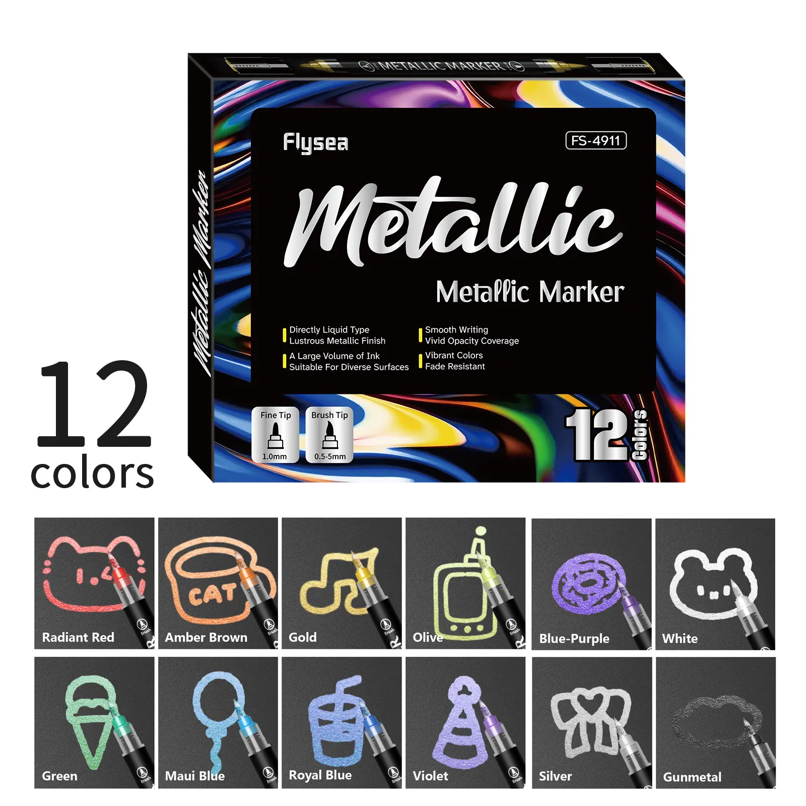 Metallic Color Markers 12/24/36/48 Colors, Non-Transparent Art Pens for Drawing, DIY Anime, School Supplies, New Condition