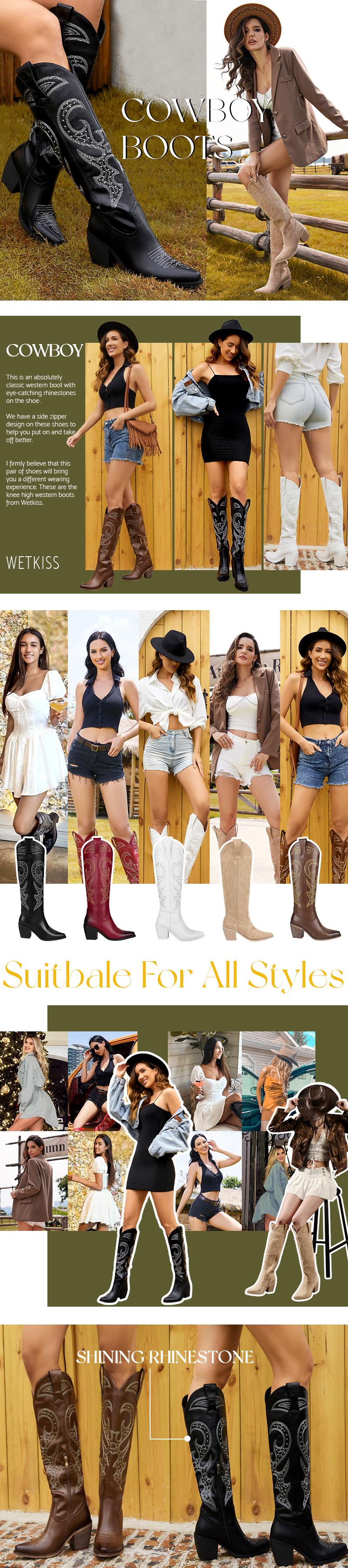 Wetkiss Knee High Cowboy Cowgirl Boots for Women, with Unique Embroidery, Side Zipper and Chunky Heel Design, Women's Shoes,Women's Boots Beige Casual #TikTokShopSpringGlowUp