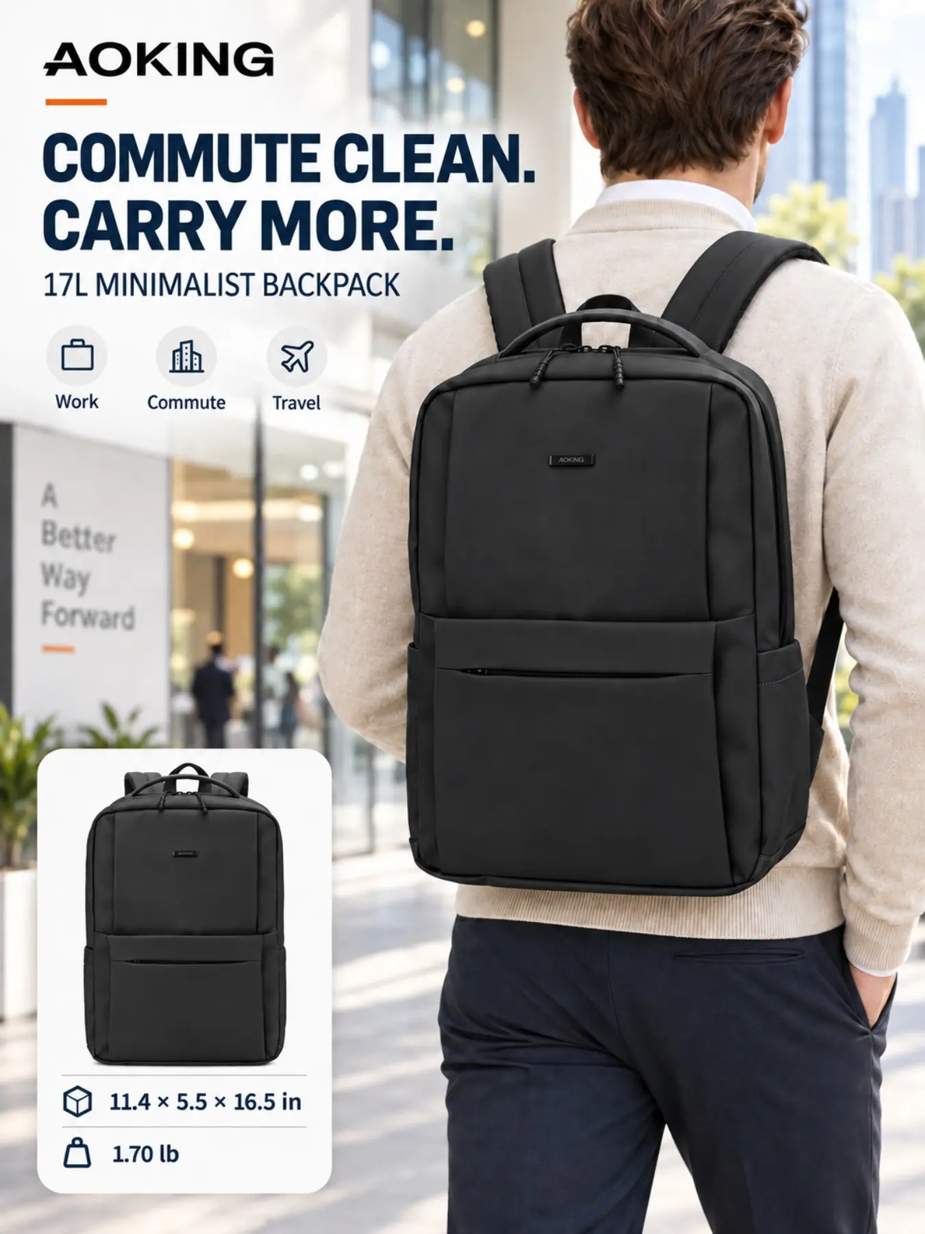 Aoking Men's Laptop Backpack, 15.6 Inch, Business Travel Short Trip Bag, Fashionable and Functional Design, 29x14x42 Cm