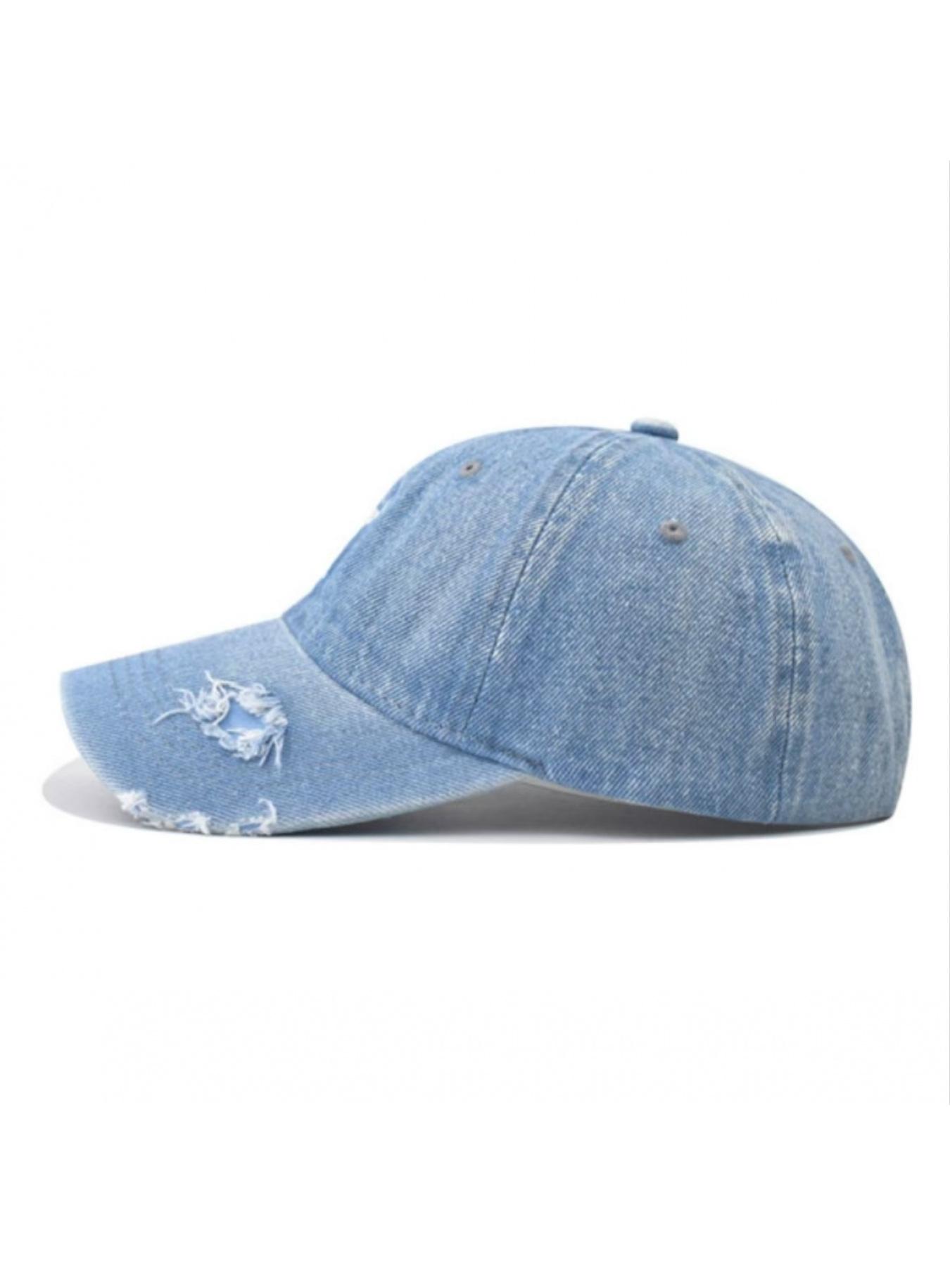 Washed vintage denim baseball cap with NY letter embroidery, versatile unisex peaked hat for all seasons