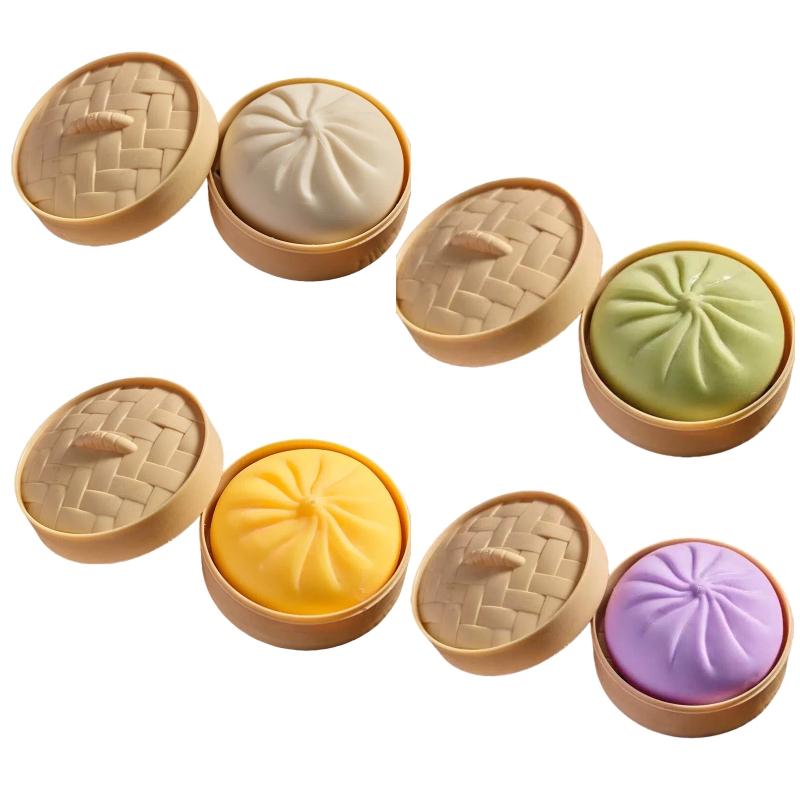 4pcs Colorful Dumpling Stress Balls, Squeeze Dough Ball Fidget Sensory Toy, Stress Relief Hand Toy, Bun with Food Steamer, Stretchy Desk Toys, Fidget Gadget
