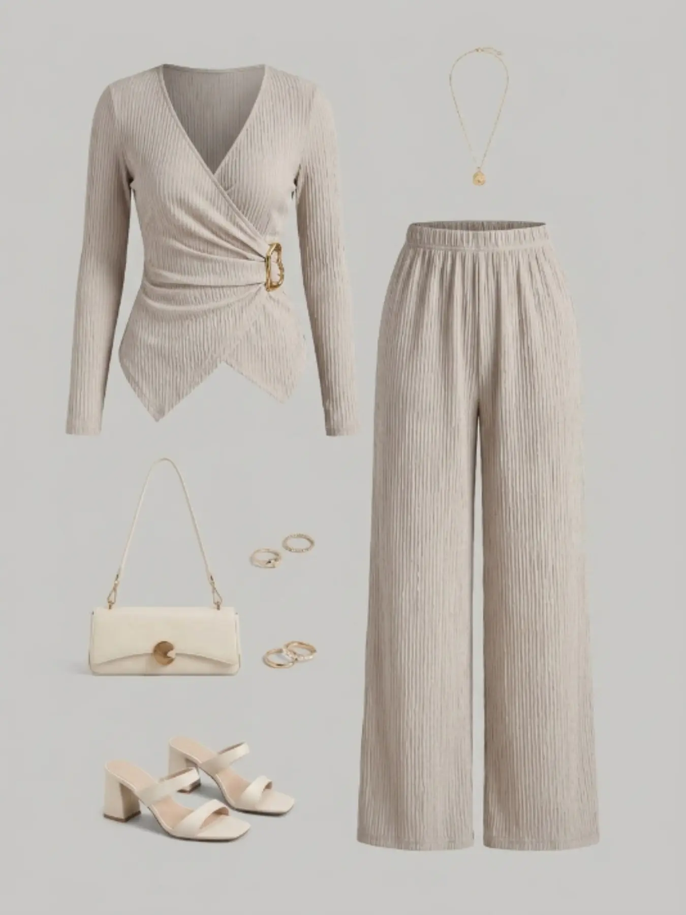 Women's Autumn Winter Elegant Office Two-Piece Set Clothes, Solid Color V-Neck Long Sleeve T-Shirt with Metal Buckle, Wide Leg Elastic Waist Pants