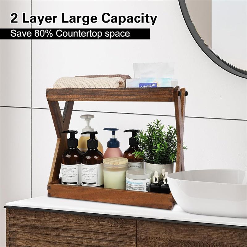 Double Layer Solid Wood Bathroom Organizer Rack with Mirror, Bathroom Organization, Space Saving Design, Suitable for Toiletries/cosmetics/decor Storage