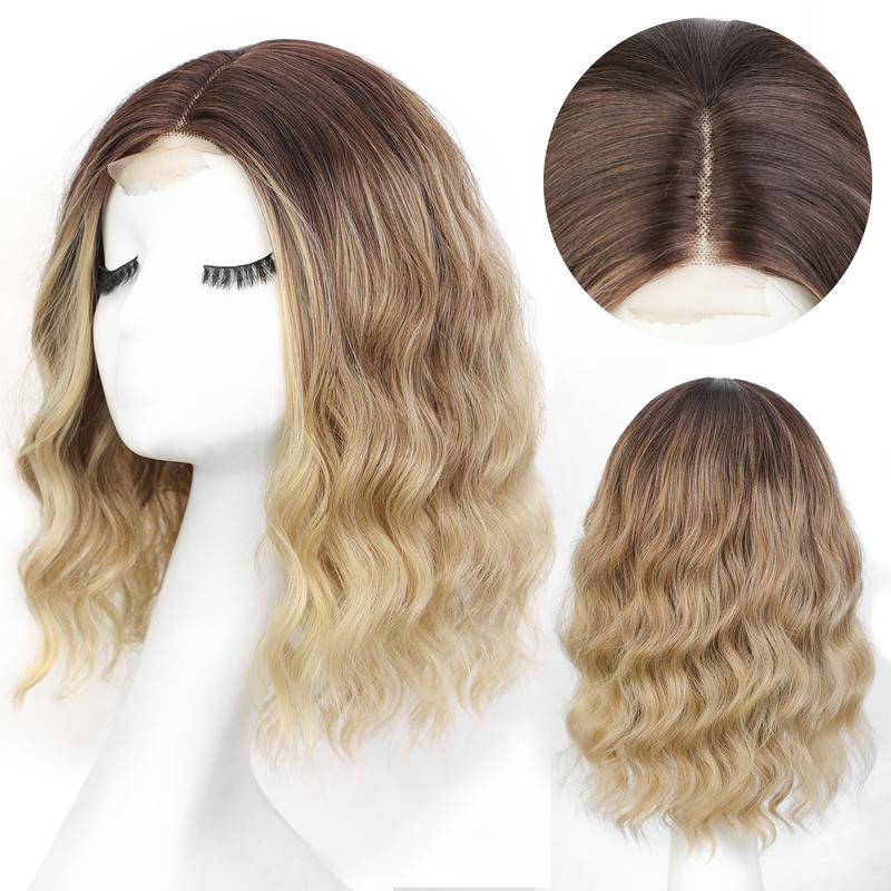 Ombre Blonde Short Wavy Wig for Women Lace Hairline Bob Style Synthetic Heat Resistant - Natural Appearance for Everyday Hairstyle 14 Inch