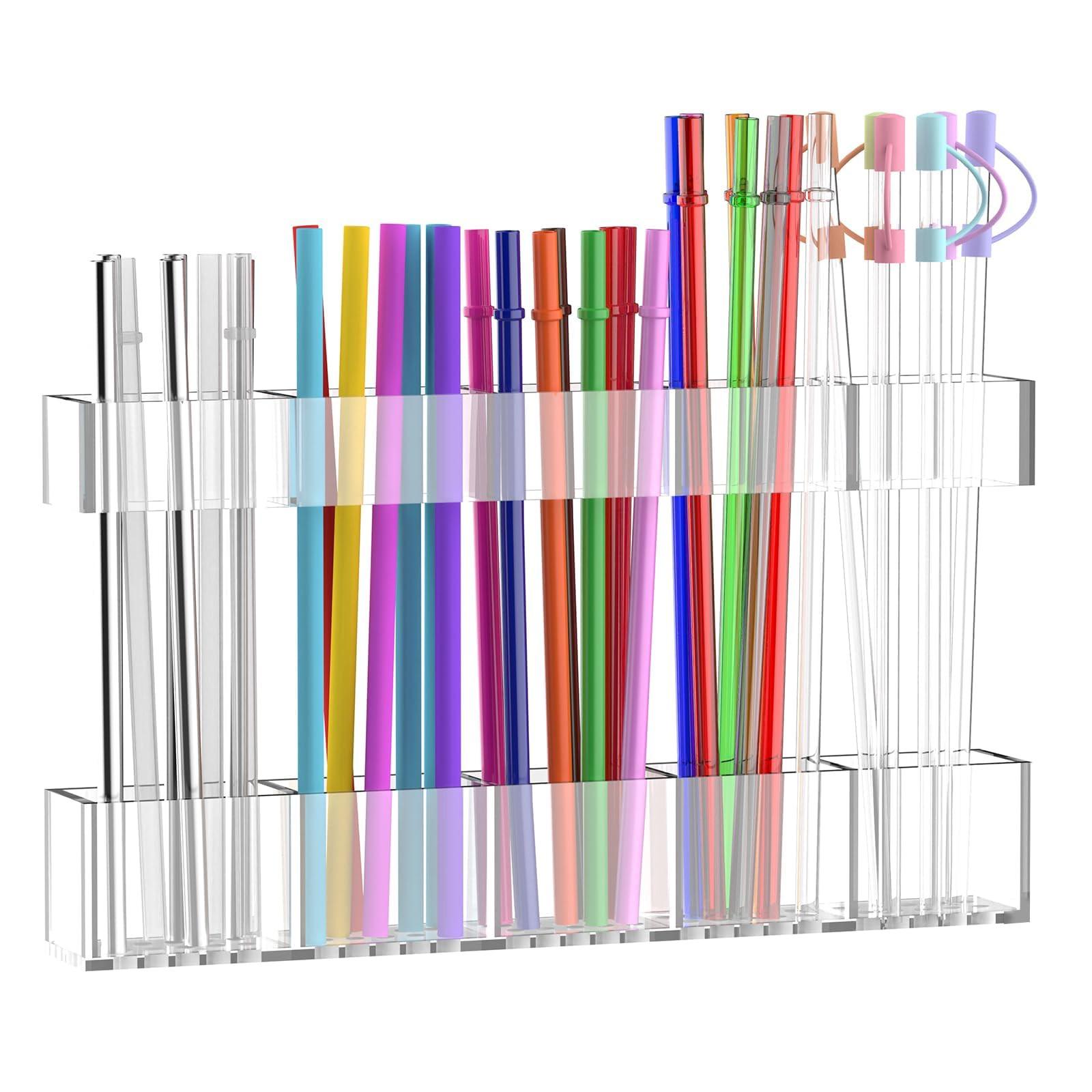 9.5 Inch Acrylic Straw Holder for Cabinet Doors, Reusable Adjustable Two-Piece Straw Organizer, Strong Adhesive Strip, Transparent Kitchen Storage