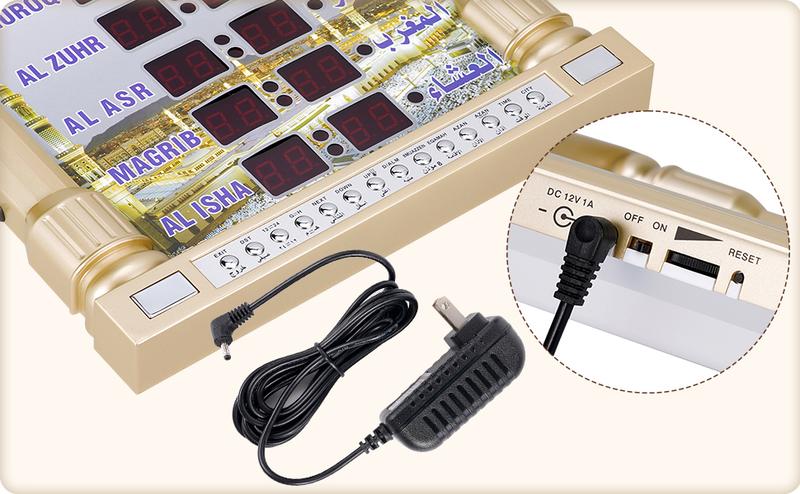 12V Azan Mosque Calendar Muslim Prayer Wall Clock Alarm Islamic Mosque Azan Calendar Ramadan Home Decor Religious Ornaments with Remote Control golden Plastic